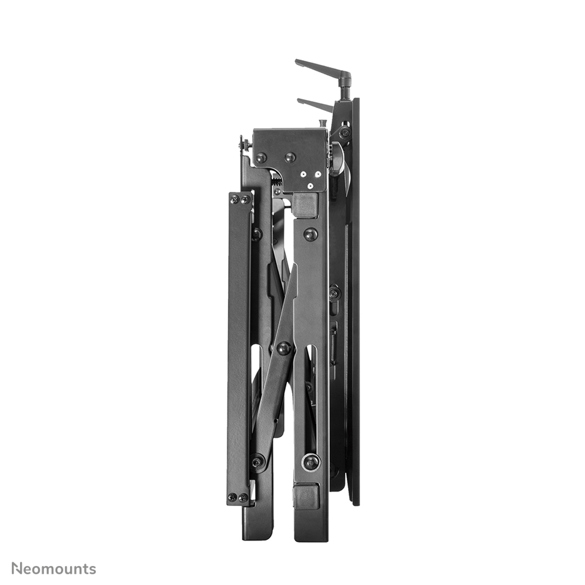 Support TV noir de profil, pliable, sur fond blanc.