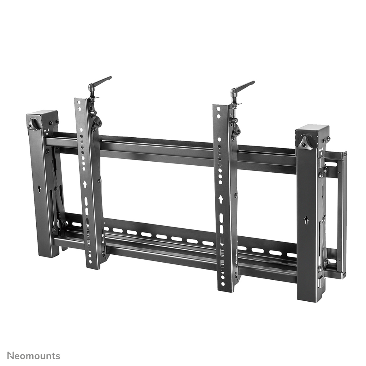 Support TV noir avec barres horizontales, bras réglables et trous de montage, pour une installation murale.