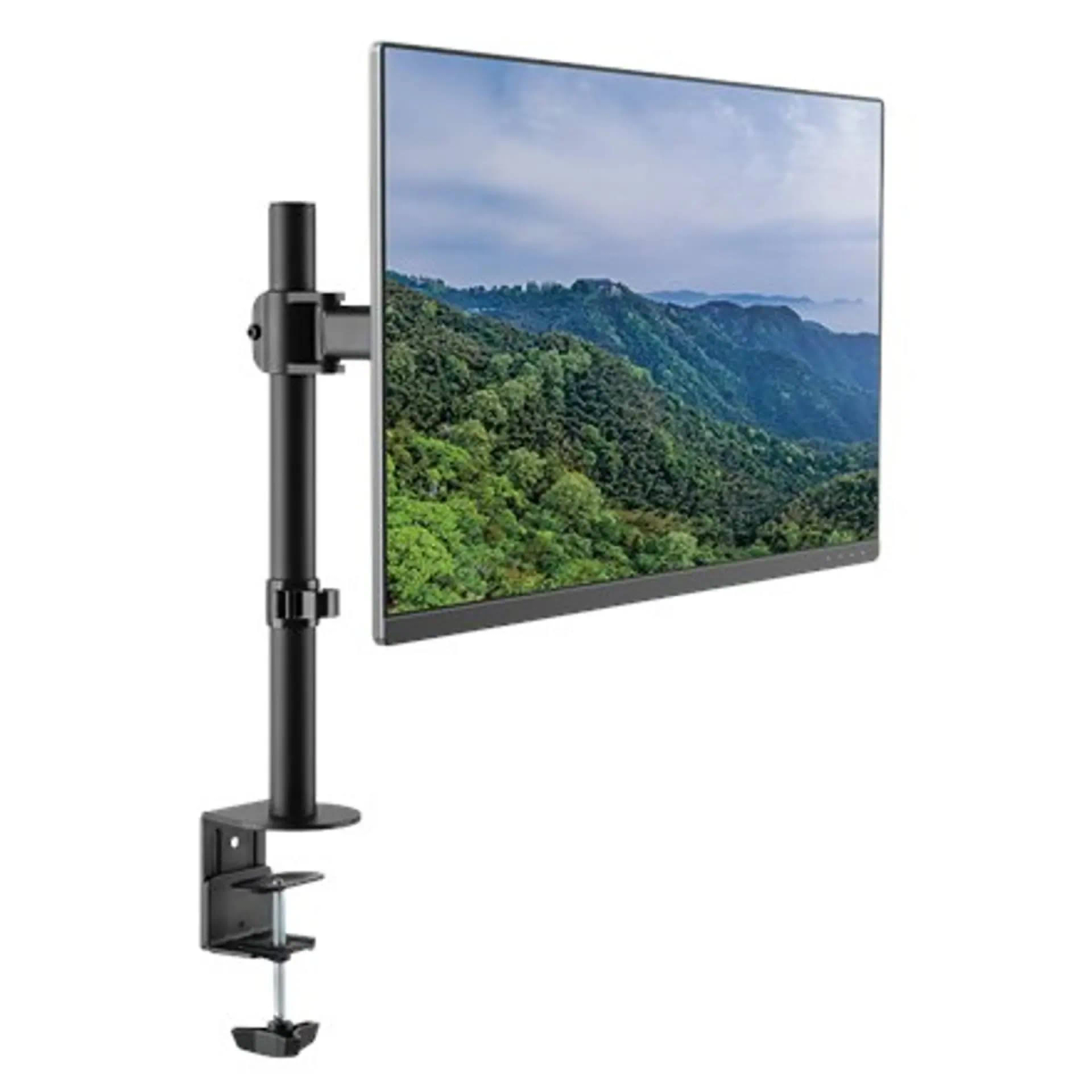Un monitor montato su un braccio nero. Lo sfondo è una vista panoramica di un paesaggio verde.