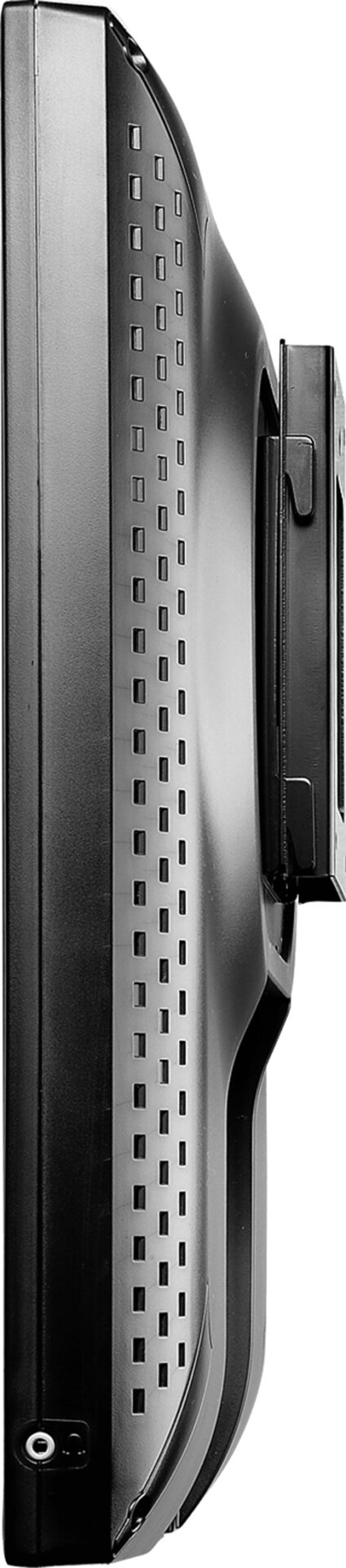 Schwarze Seitenansicht eines Fernsehers mit Rückwand und Halterung.