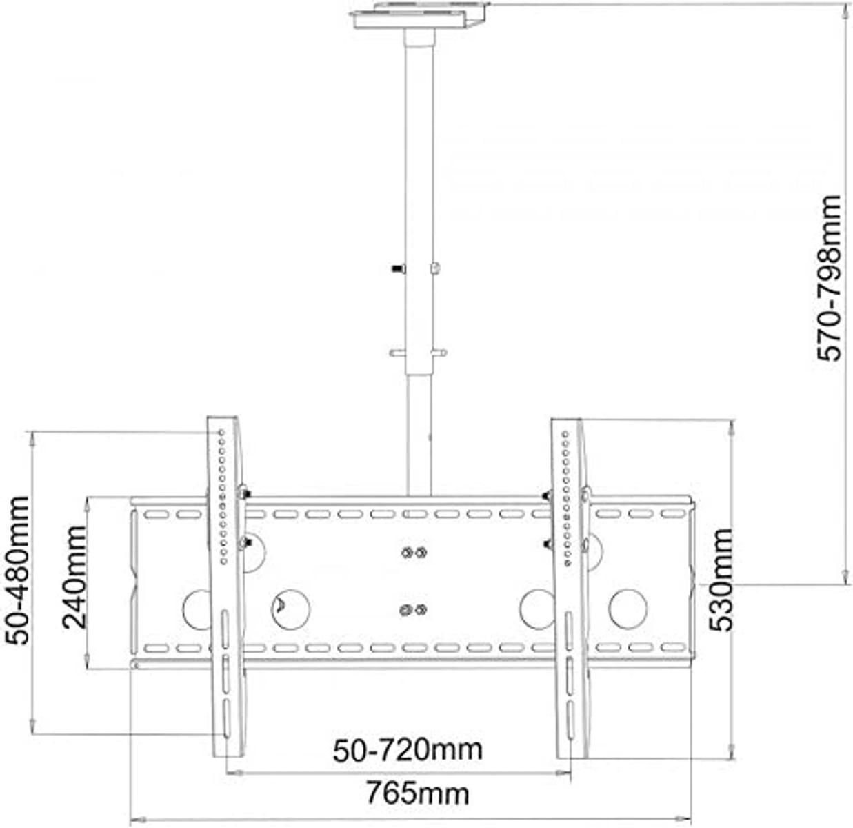 Eine Diagramm einer Deckenhalterung für einen Fernseher, mit Abmessungen in mm.