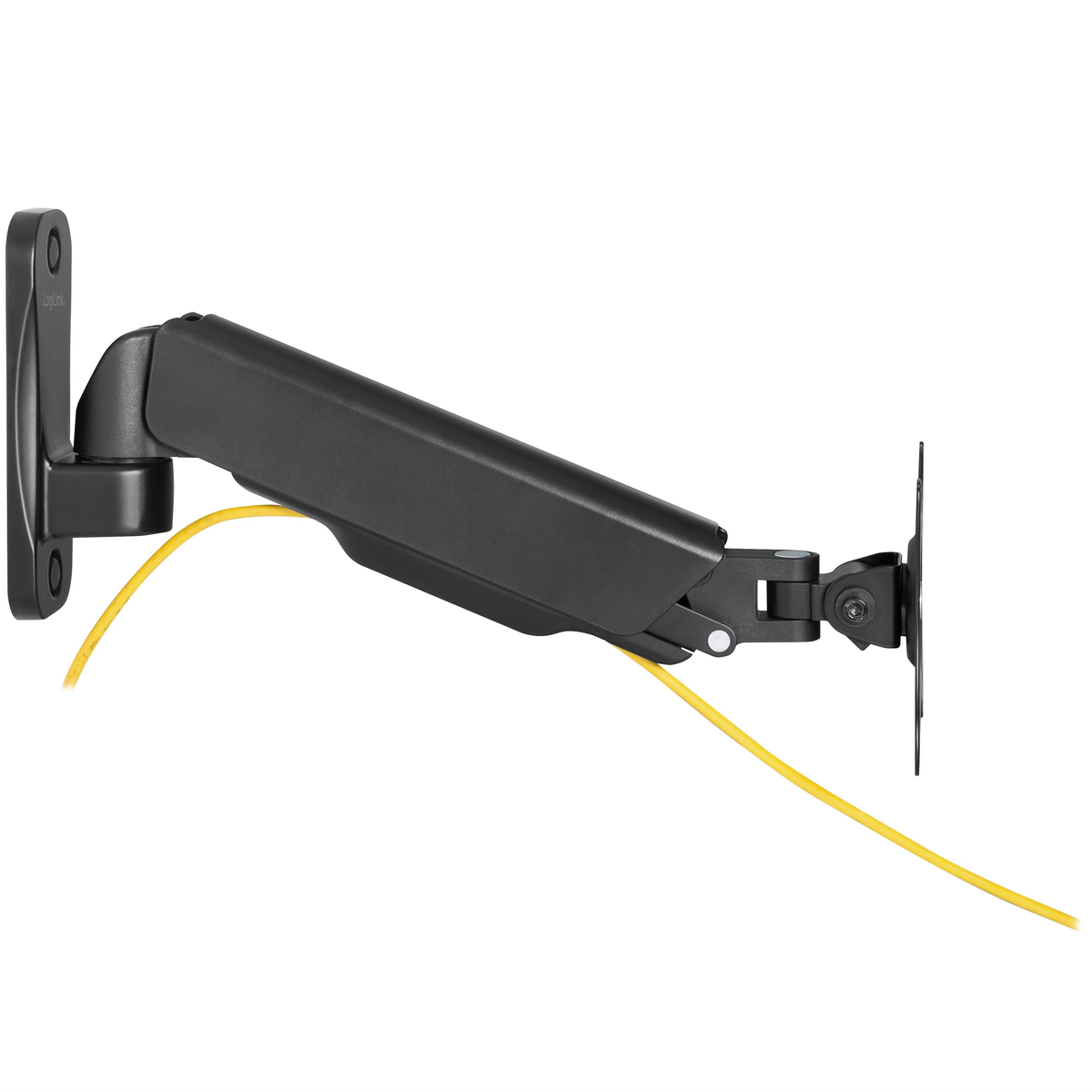 Un braccio per monitor nero con un cavo giallo, montato a parete.