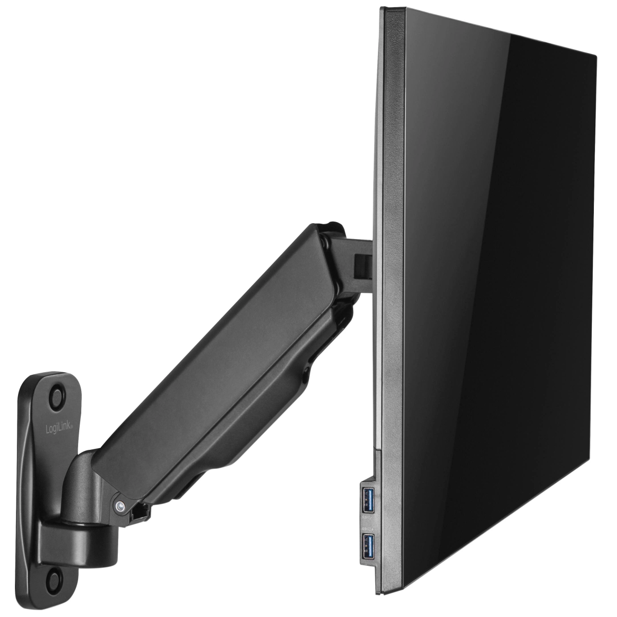 Un braccio per monitor nero montato a parete, che tiene un monitor nero.