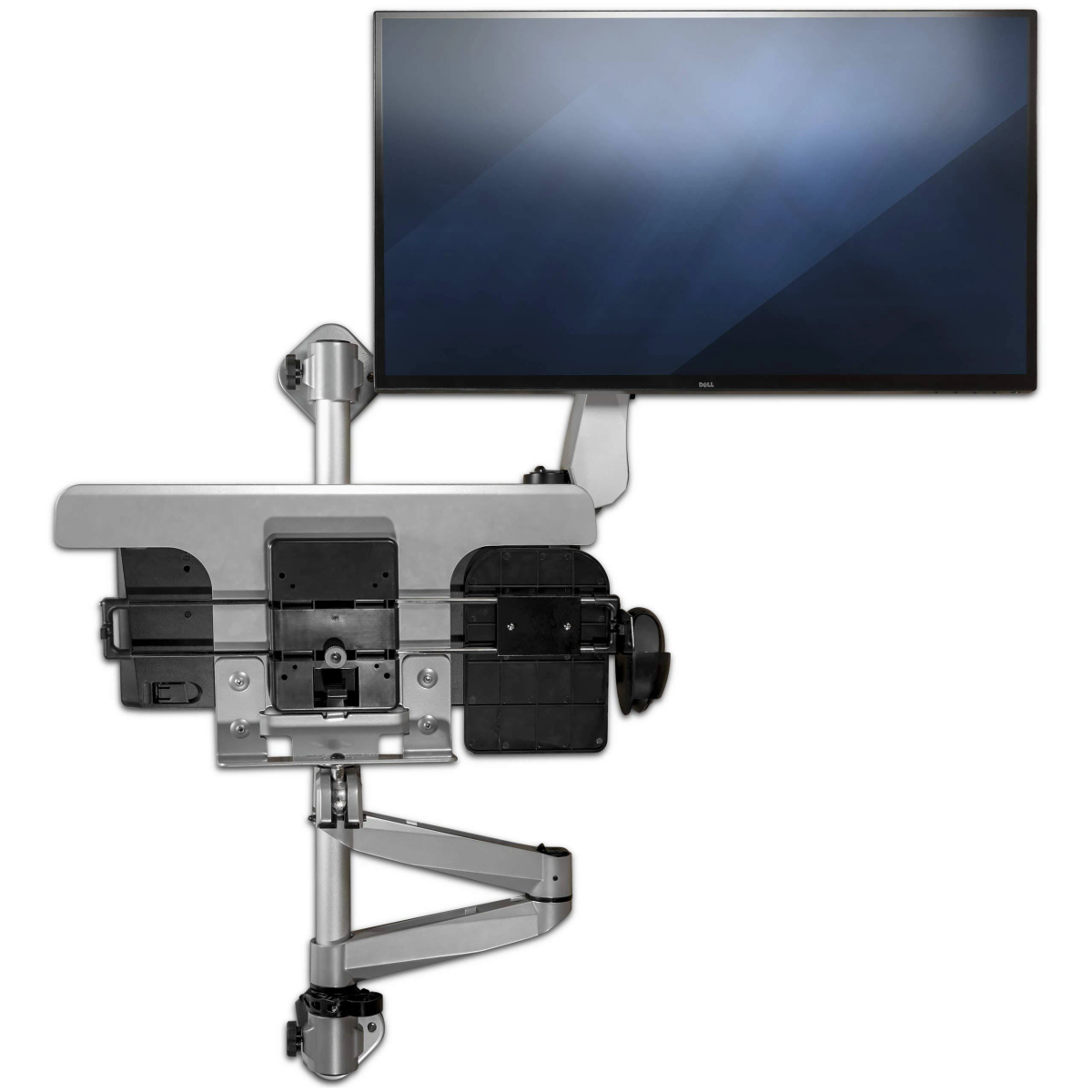 Un brazo de montaje de monitor con bandeja y monitor.