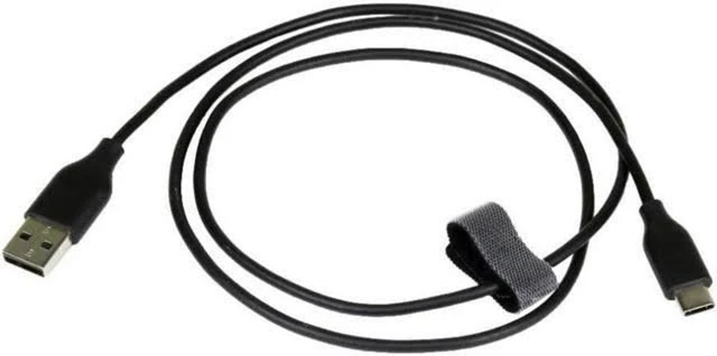 Cable negro USB-C a USB-A con correa de velcro sobre fondo blanco.