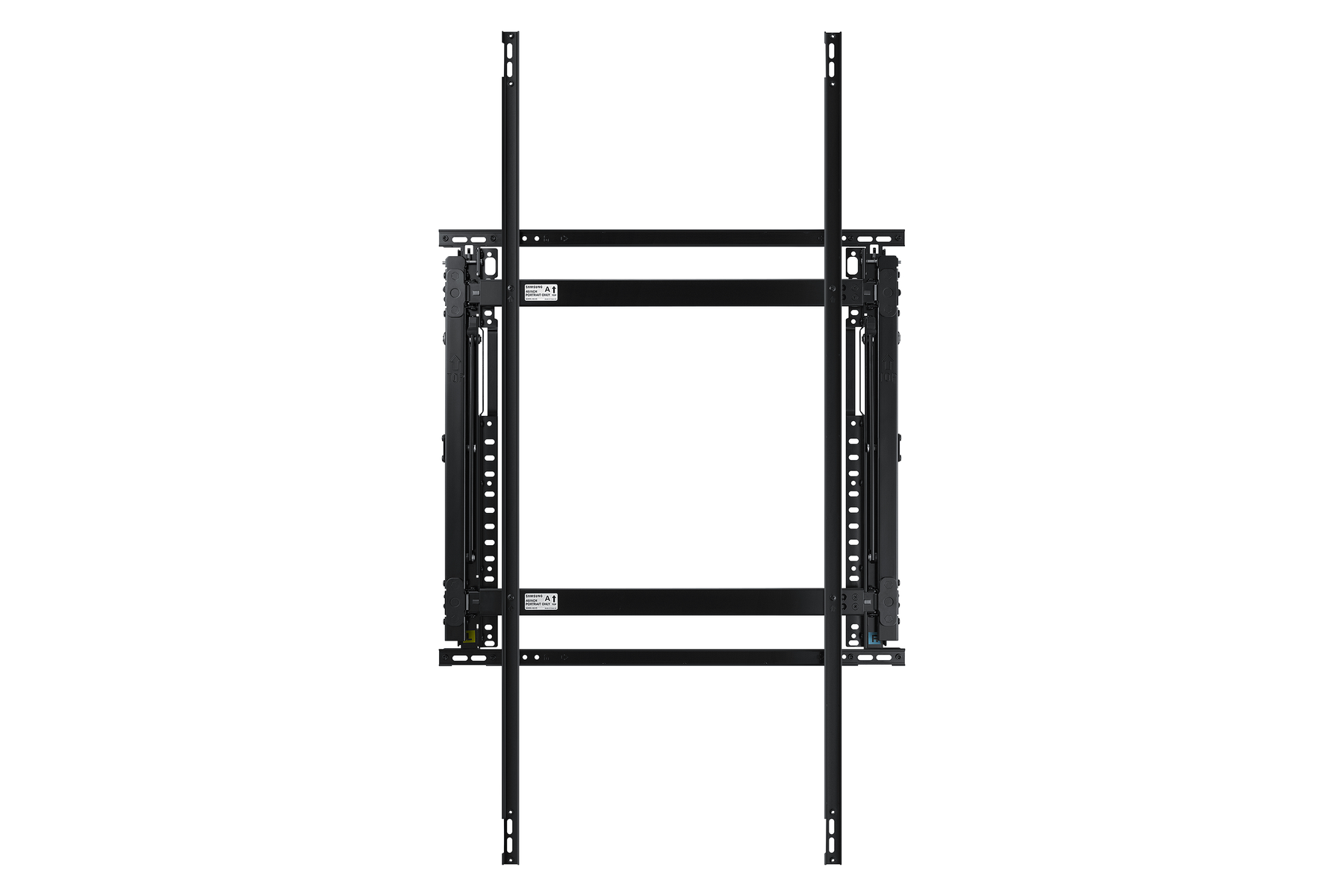 Supporto a parete per TV nero, con componenti di montaggio verticali e orizzontali. Sfondo bianco.
