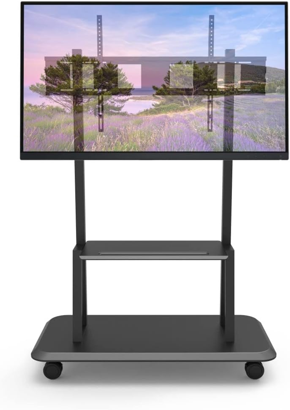 Ein Fernseher auf einem schwarzen Ständer zeigt ein szenisches Bild einer Landschaft.