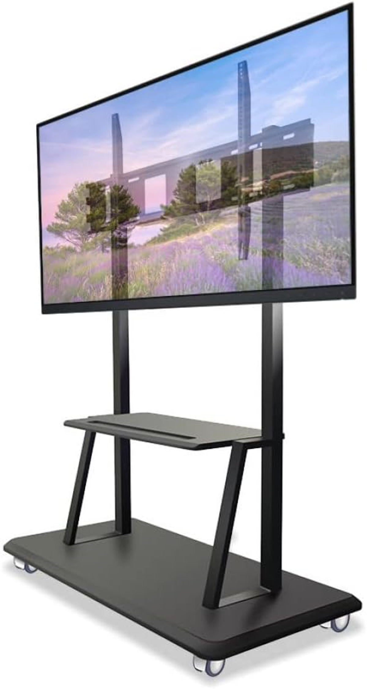 Ein schwarzer TV-Ständer mit einem Fernseher, der eine Landschaft zeigt.