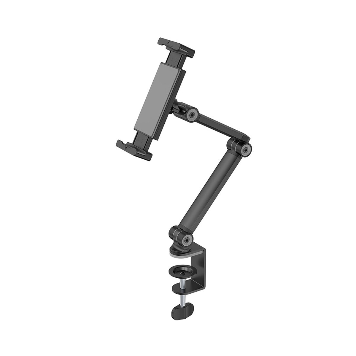 Un supporto per tablet nero, montato su un morsetto. Sfondo bianco.