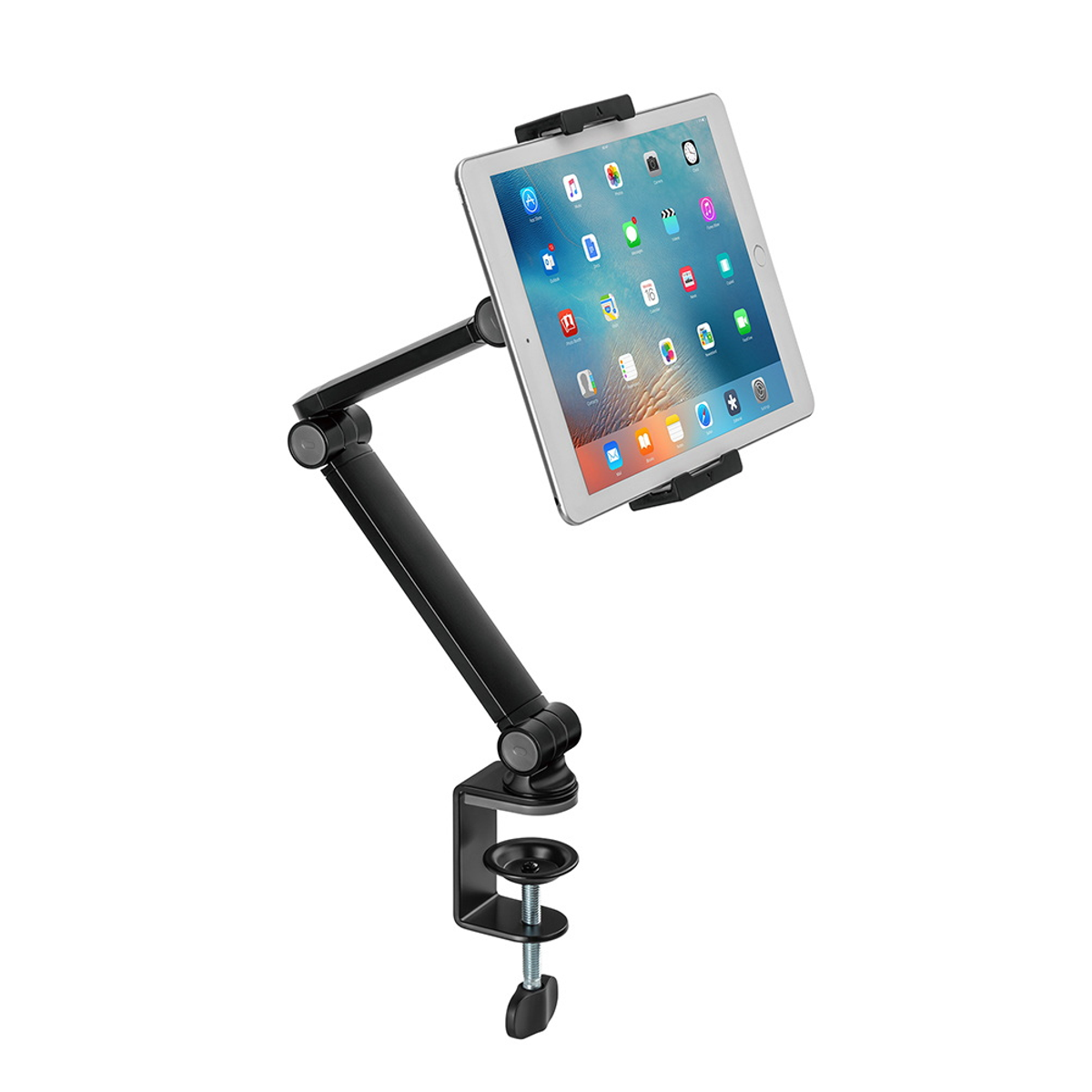 Un tablet montato su un supporto a braccio nero fissato a una superficie. Il tablet è bianco.