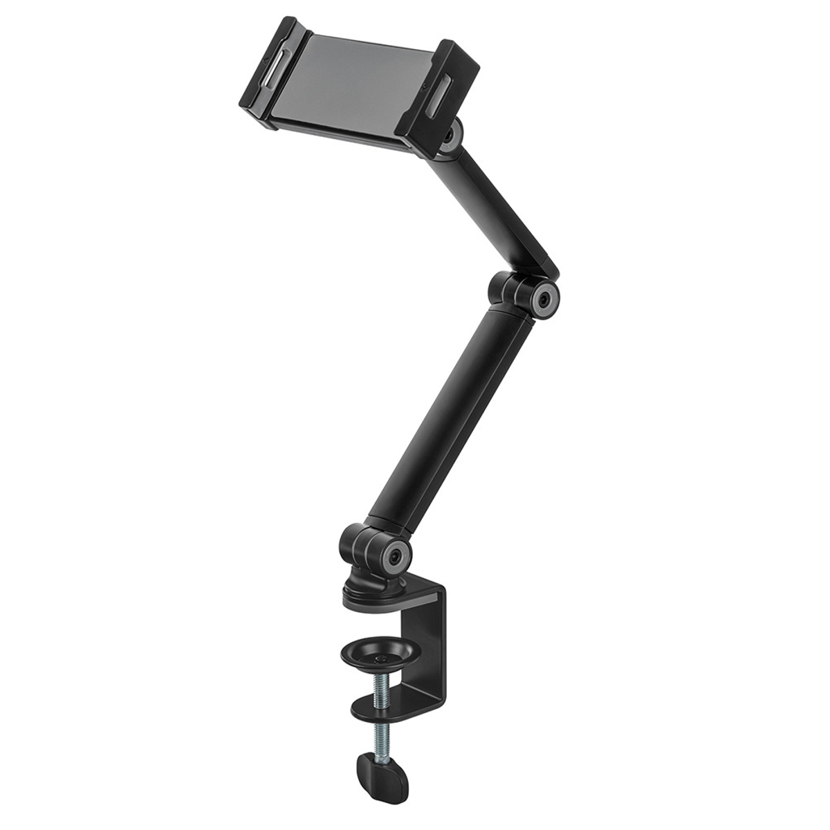 Supporto per tablet nero con braccio regolabile, morsetto e vite, su sfondo bianco.