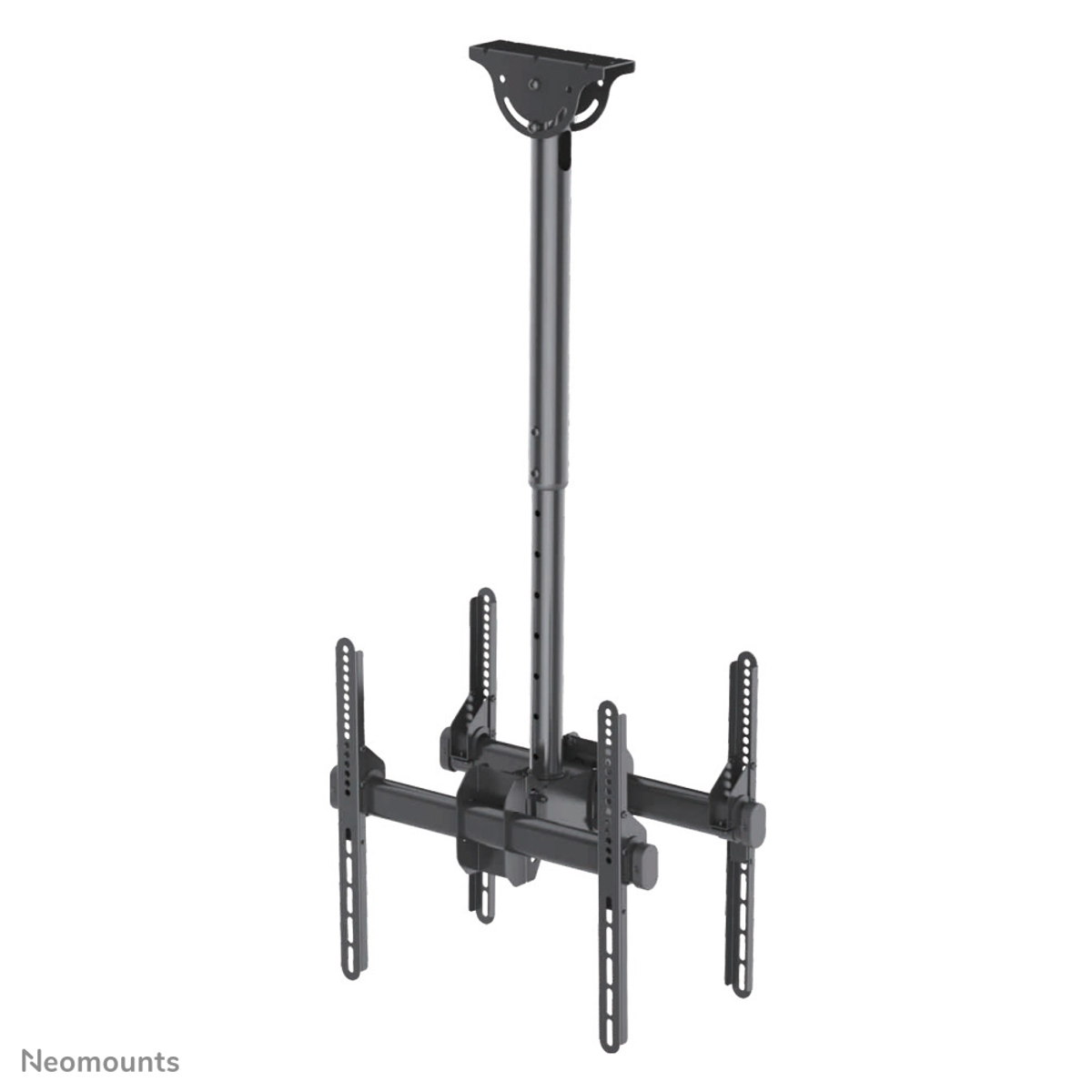 Un supporto TV da soffitto nero, con un lungo stelo e due staffe per TV.
