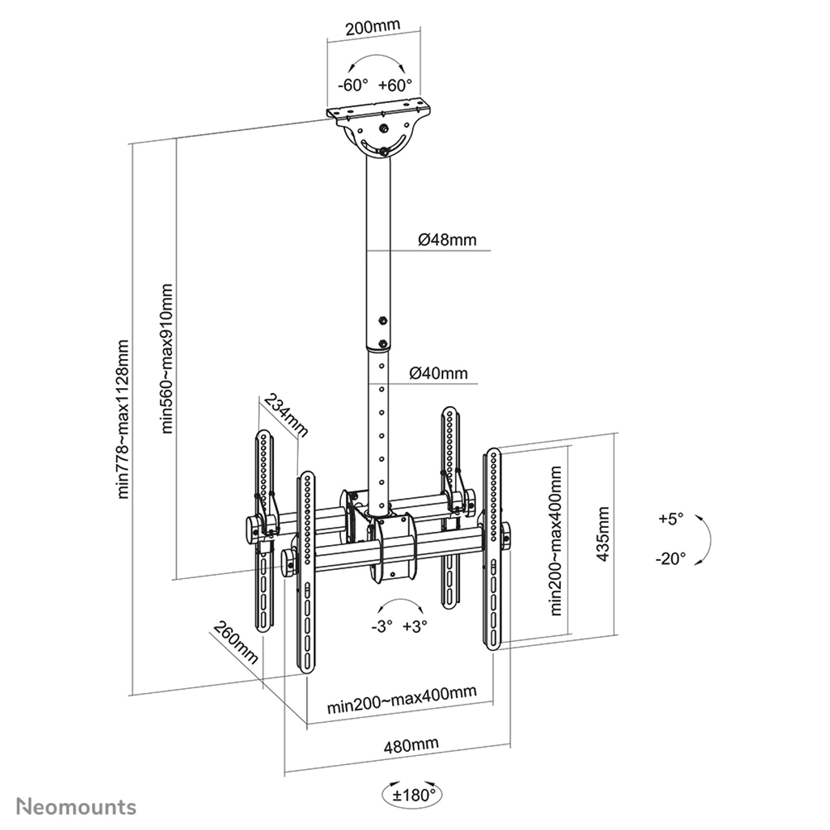 Diagramma di un supporto TV a soffitto con dimensioni in mm, che mostra angoli e misure regolabili.