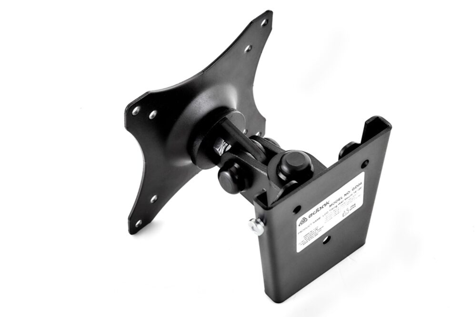 Un support de moniteur noir sur fond blanc. Le support possède une rotule et une base rectangulaire.