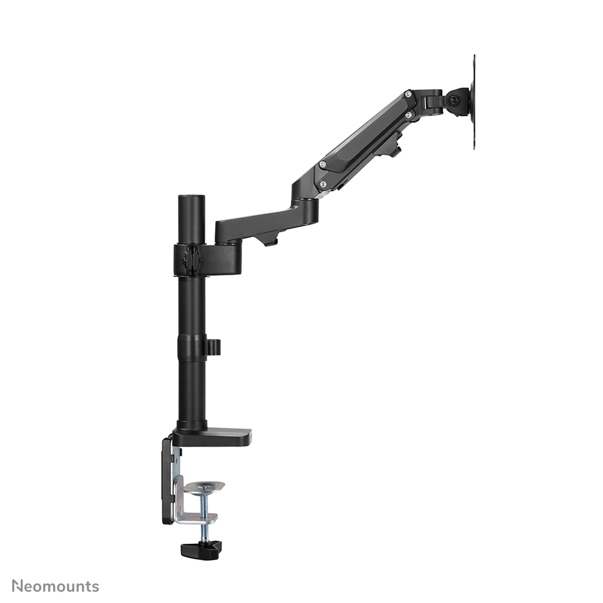 A black monitor arm on white background. It has a clamp, a vertical pole, and adjustable arms supporting a monitor.