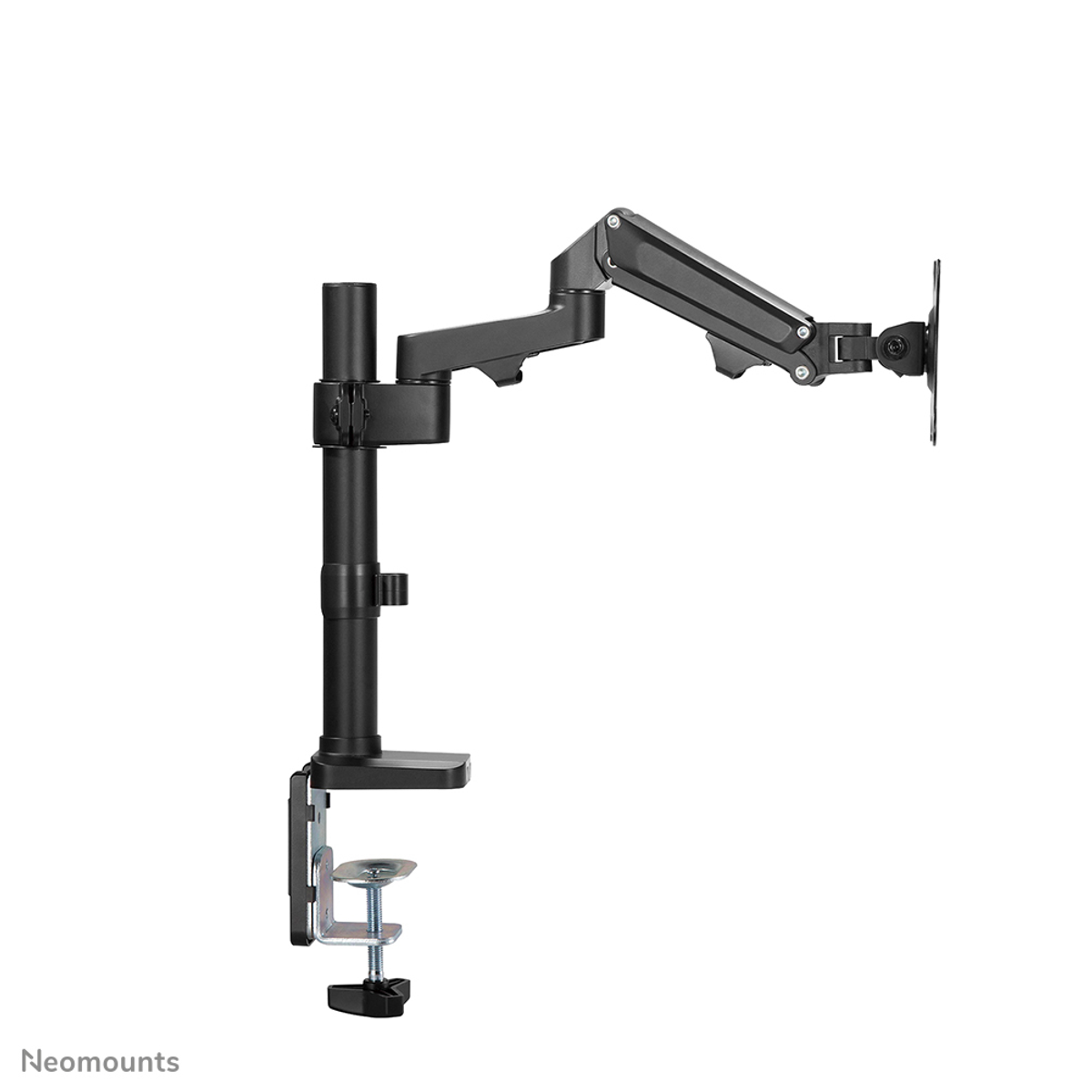 A black monitor arm, mounted on a white background. It has a clamp, adjustable arms, and a plate for attaching a screen.