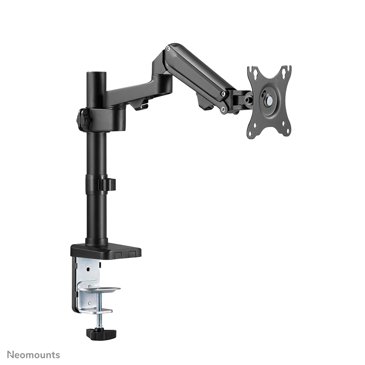 A black monitor arm with a clamp base and adjustable joints. The arm supports a screen mount. Isolated on white background.