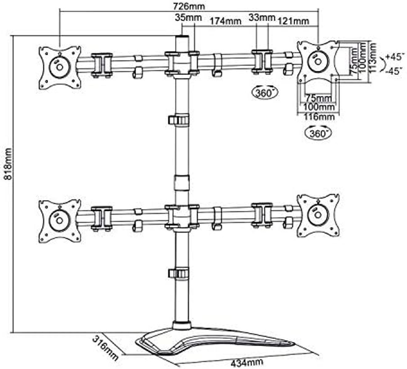 Diagramm eines Doppelmonitorständers mit Maßen und Spezifikationen.