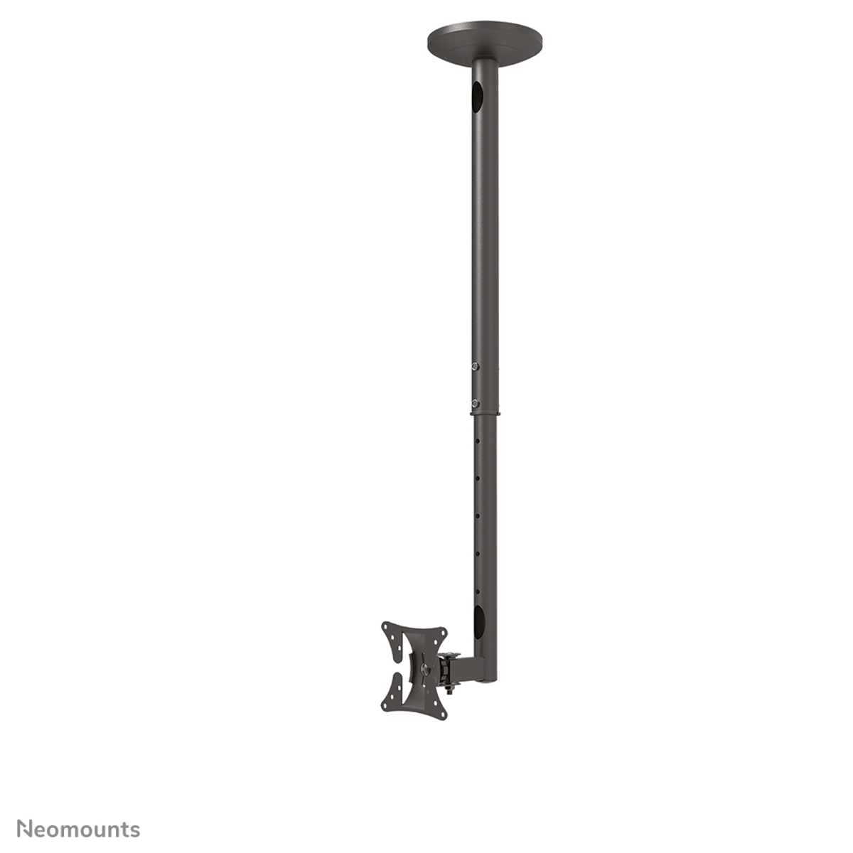 Een plafondbevestiging voor een monitor, donkergrijs, met een lange paal en monitorbevestigingen.