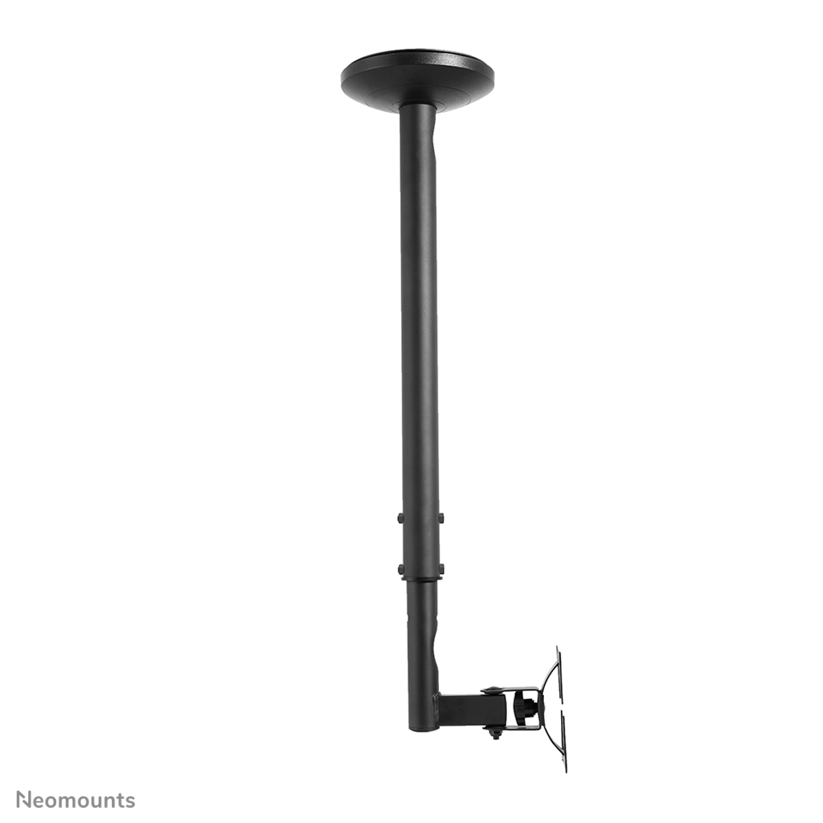 Een zwarte plafondbeugel voor een tv. Het strekt zich uit van het plafond naar beneden.
