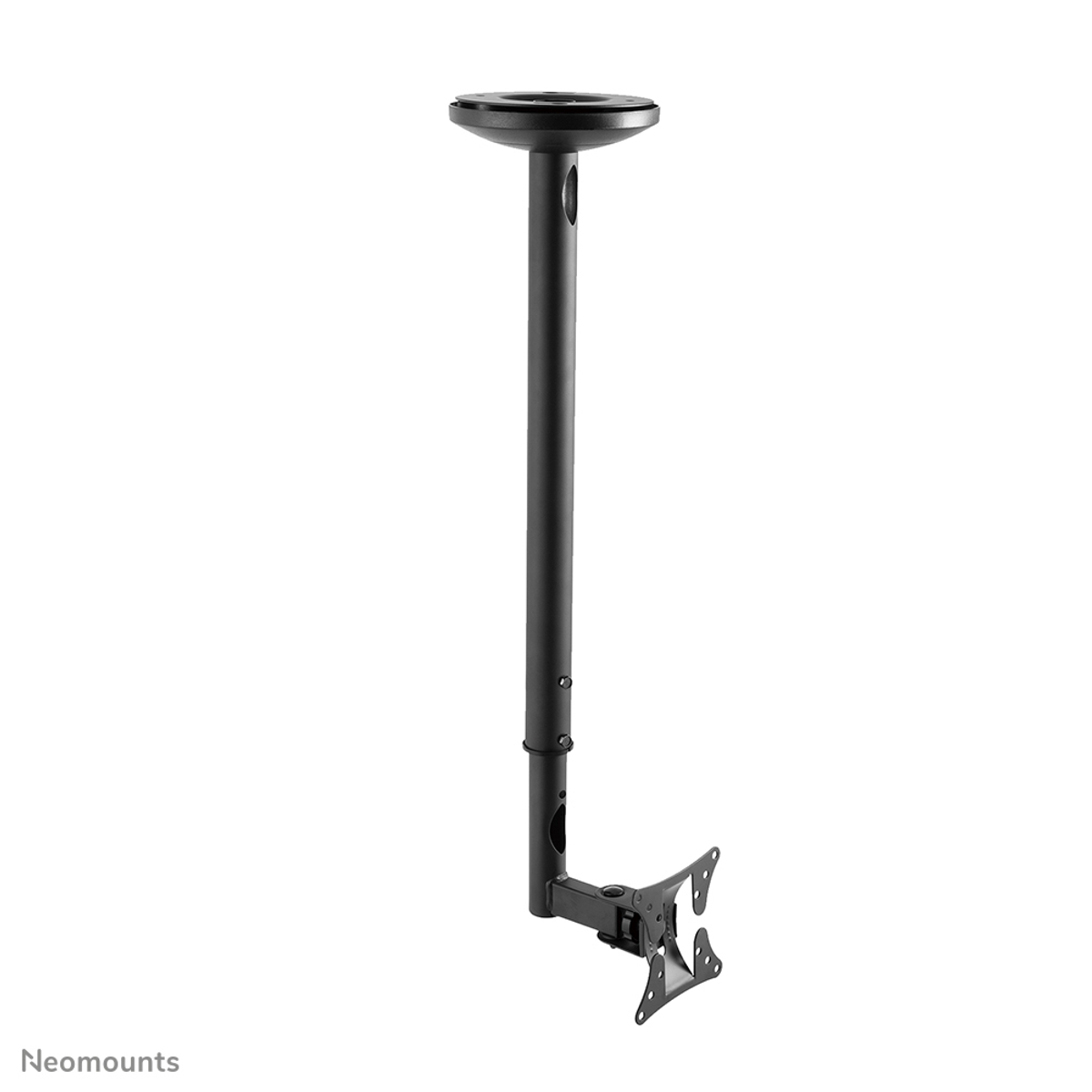 Een zwarte, aan het plafond gemonteerde tv-beugel met een verstelbare arm, op een witte achtergrond.