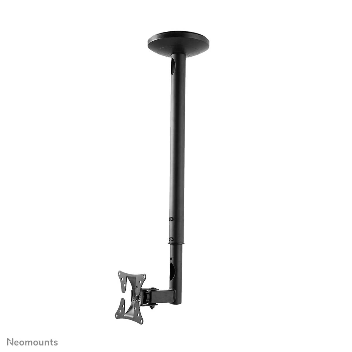 Een zwarte plafondmonitorarm. Het heeft een lange paal en een monitorbevestiging.