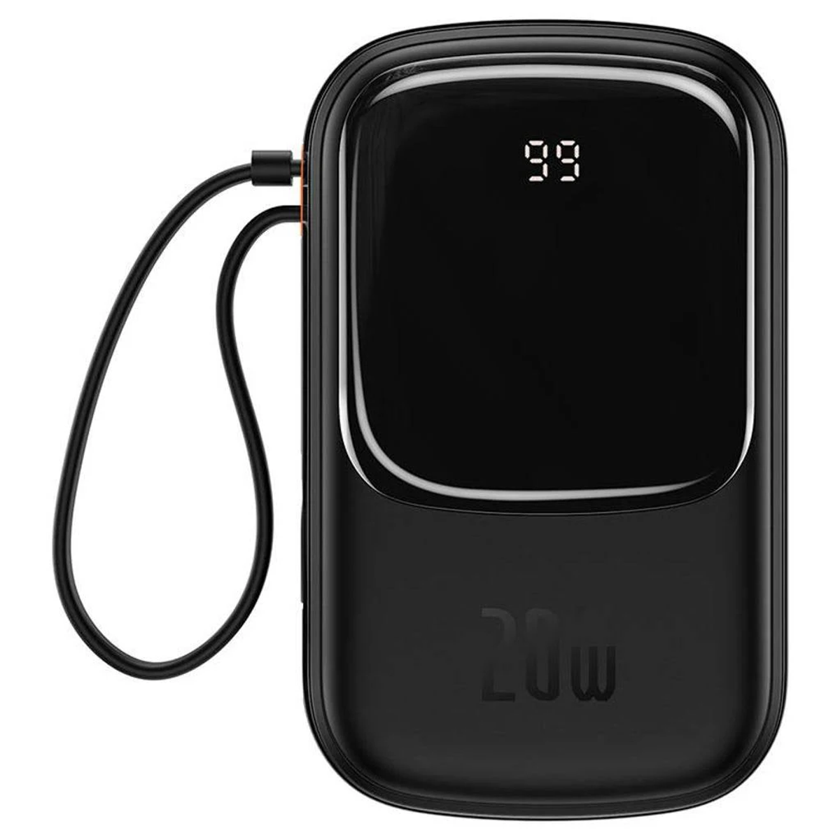 Czarny power bank z wyświetlaczem pokazującym 99%. Pętelka na pasek i napis '20W'.