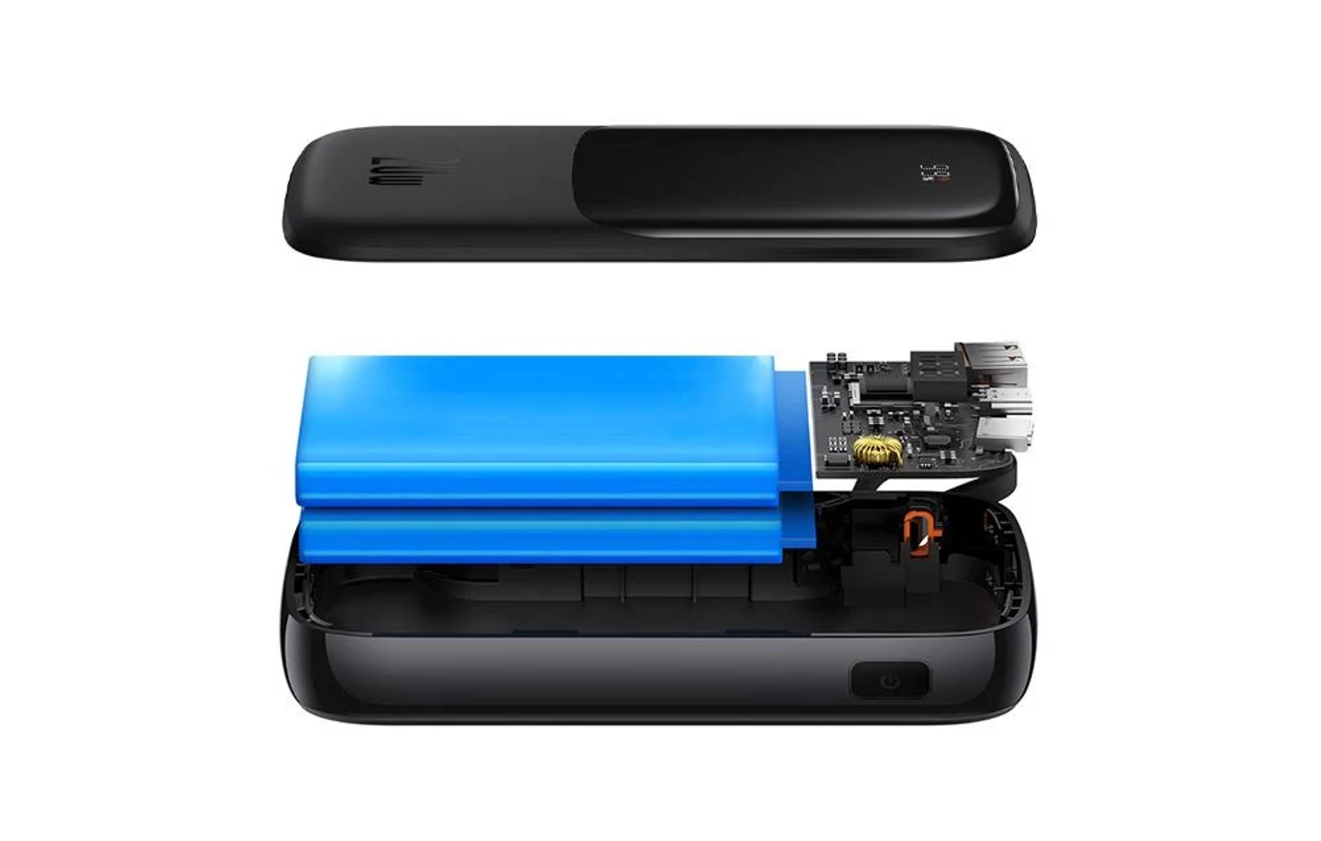 Widok rozstrzelony czarnego power banku, pokazujący elementy wewnętrzne.