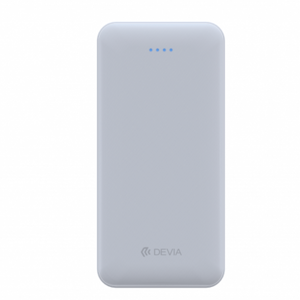 Un power bank grigio chiaro con quattro luci indicatrici blu e il marchio Devia.