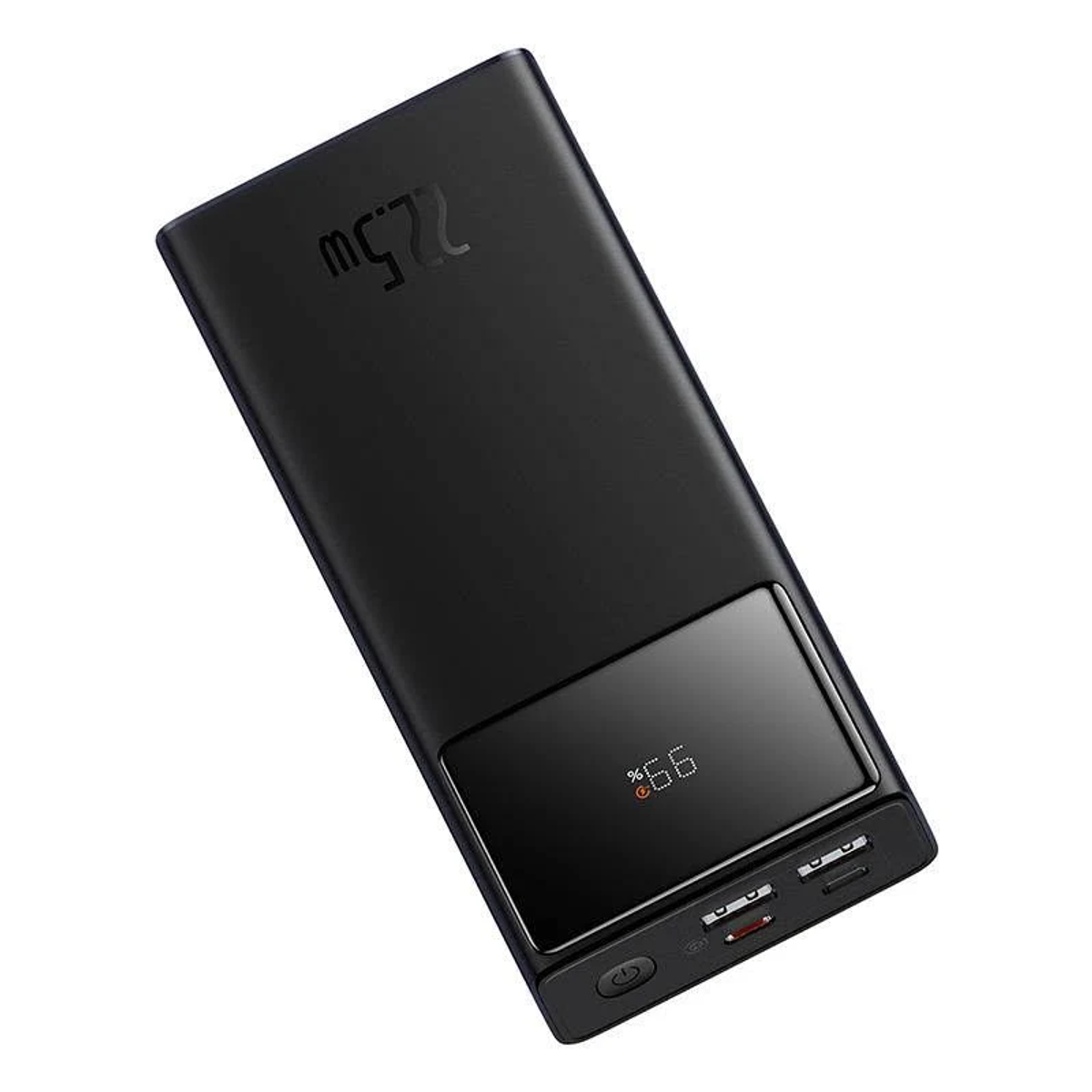 Schwarze Powerbank mit Anzeige, die 99% anzeigt. Zwei USB-Anschlüsse und ein Power-Knopf befinden sich unten.