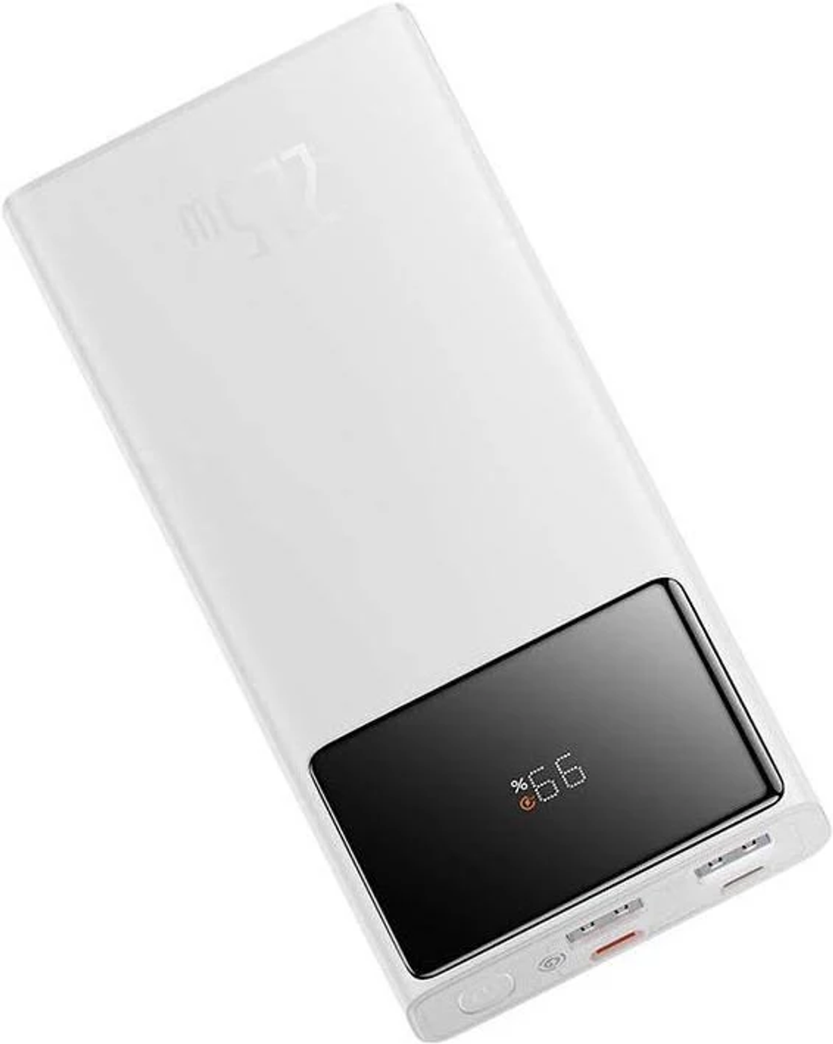 Eine weiße Powerbank mit einem schwarzen Bildschirm, der den Akkustand anzeigt.