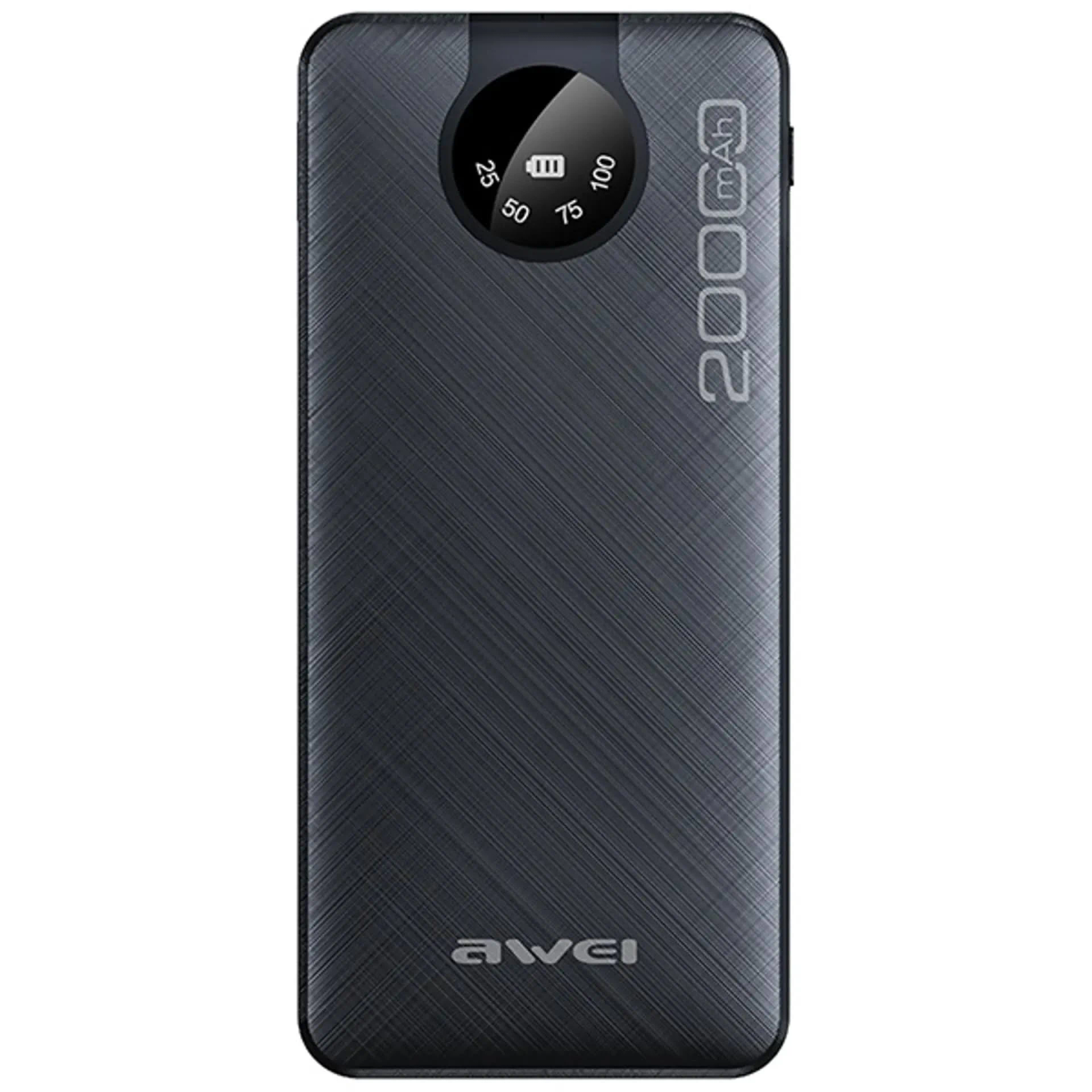 Power bank grigio scuro che mostra il livello della batteria.