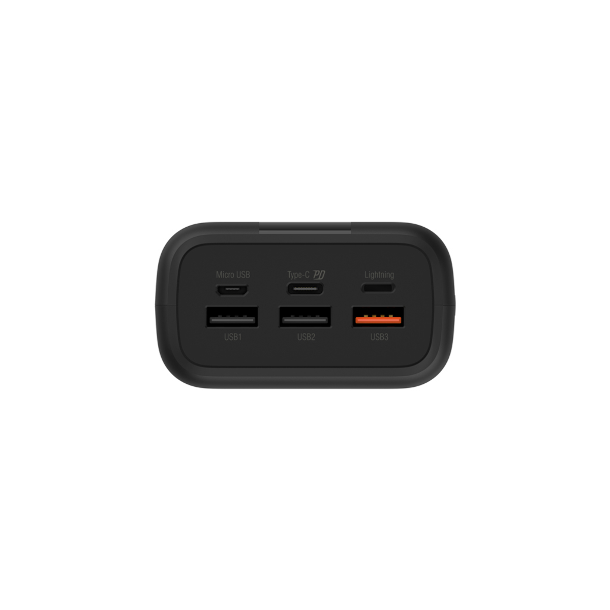 Primo piano di un power bank nero con porte USB su sfondo bianco.