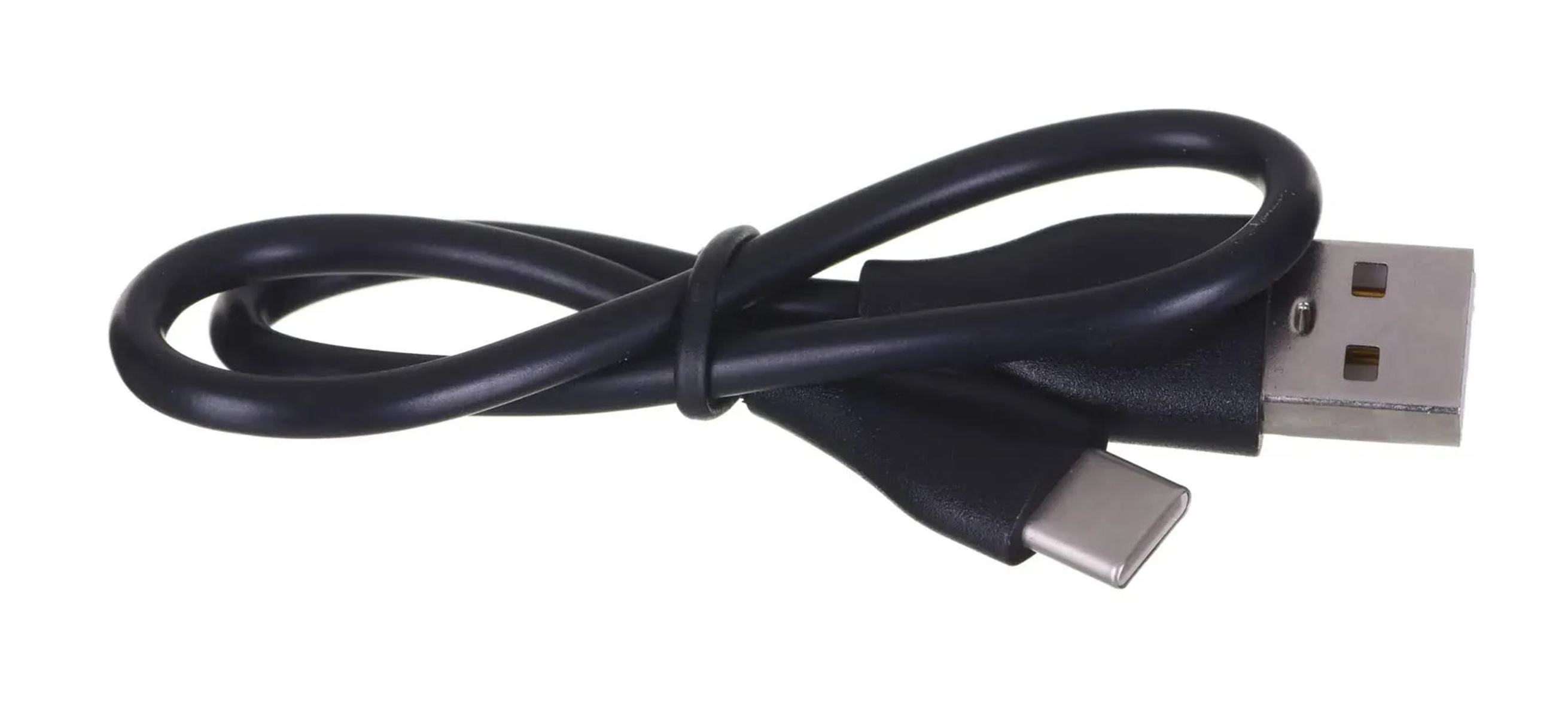 Zwarte kabel met een USB-A-connector aan één uiteinde en een USB-C-connector aan het andere uiteinde.