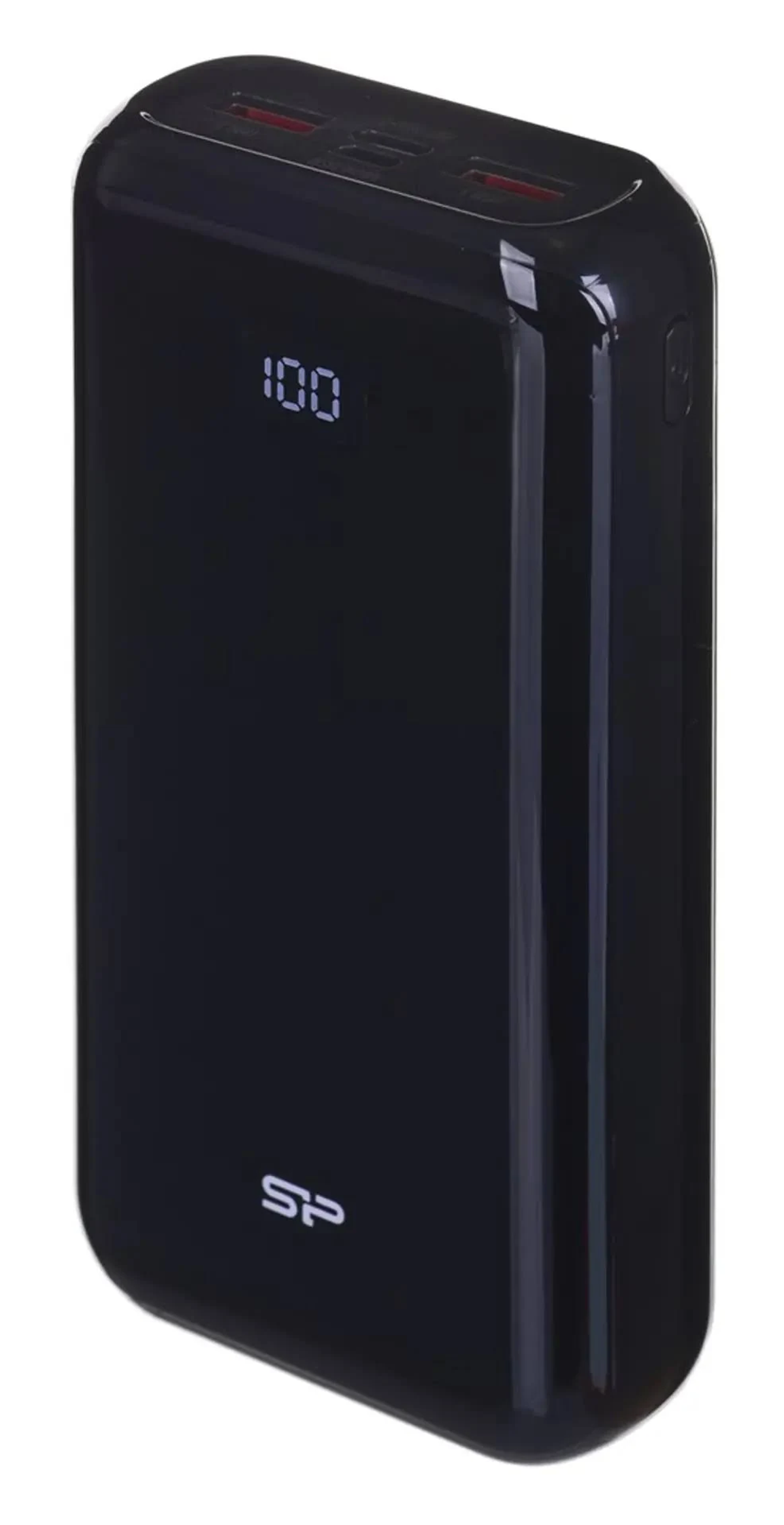 Zwarte powerbank met een digitaal display met 100, op een witte achtergrond.