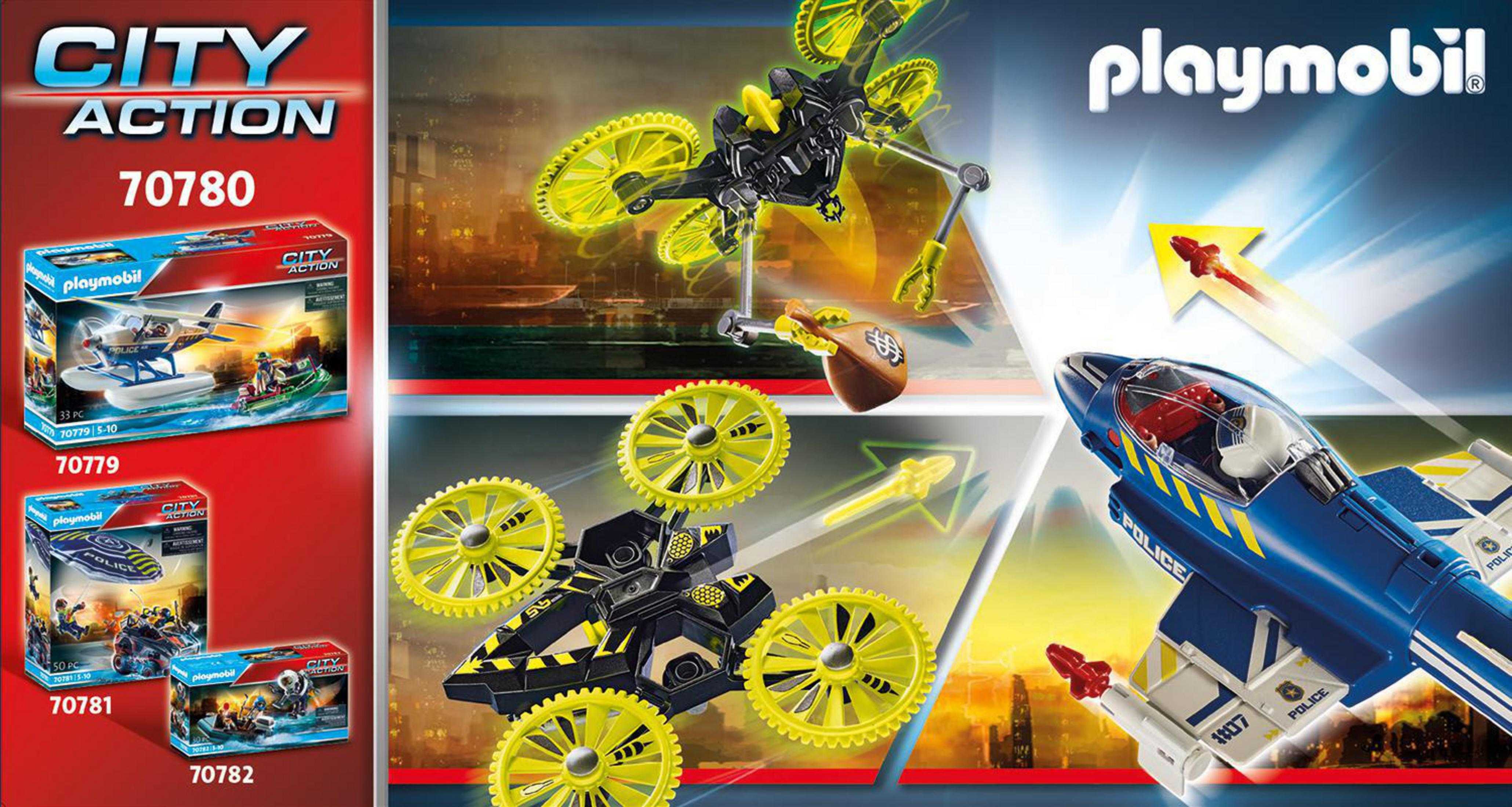 Playmobil-Spielsets mit einem Polizeihubschrauber, einer Drohne und einem Düsenflugzeug.