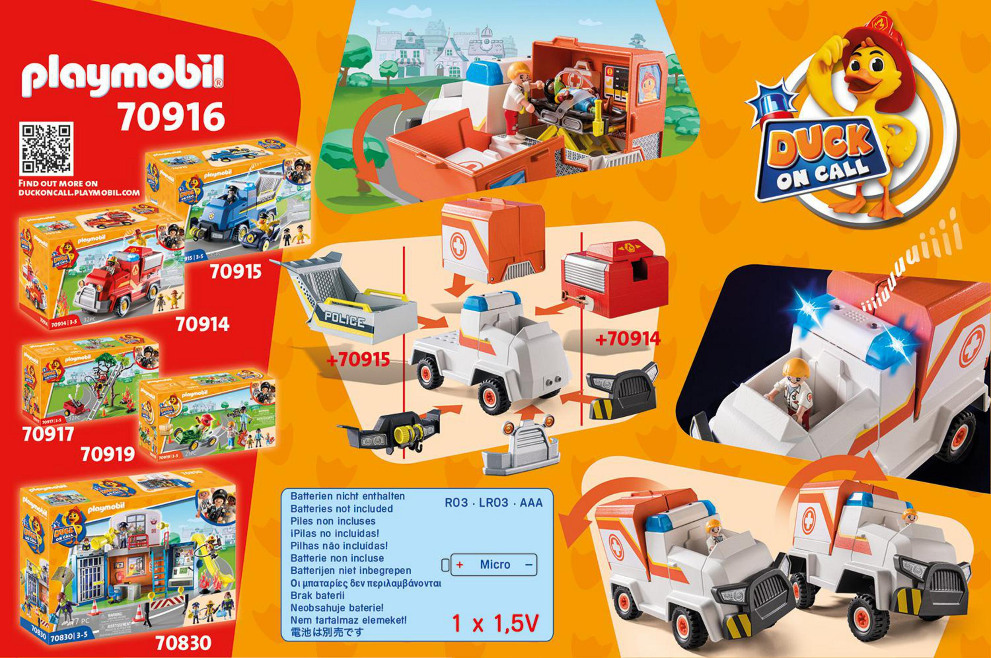 Playmobil-Spielzeugset mit verschiedenen Einsatzfahrzeugen und Figuren. Text in mehreren Sprachen.