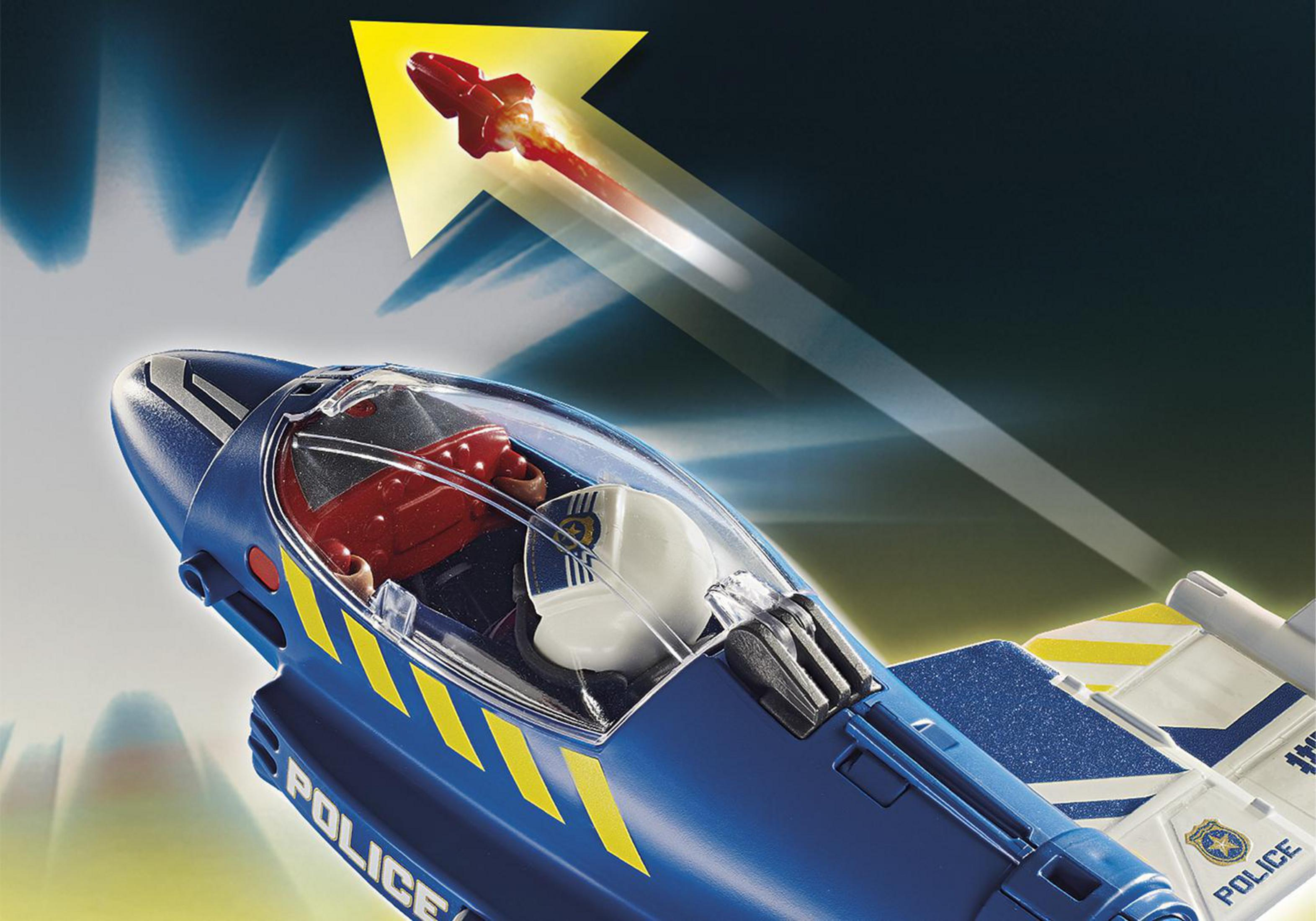 Blaues Spielzeug-Polizeijet mit einer Rakete, die von oben abgefeuert wird.
