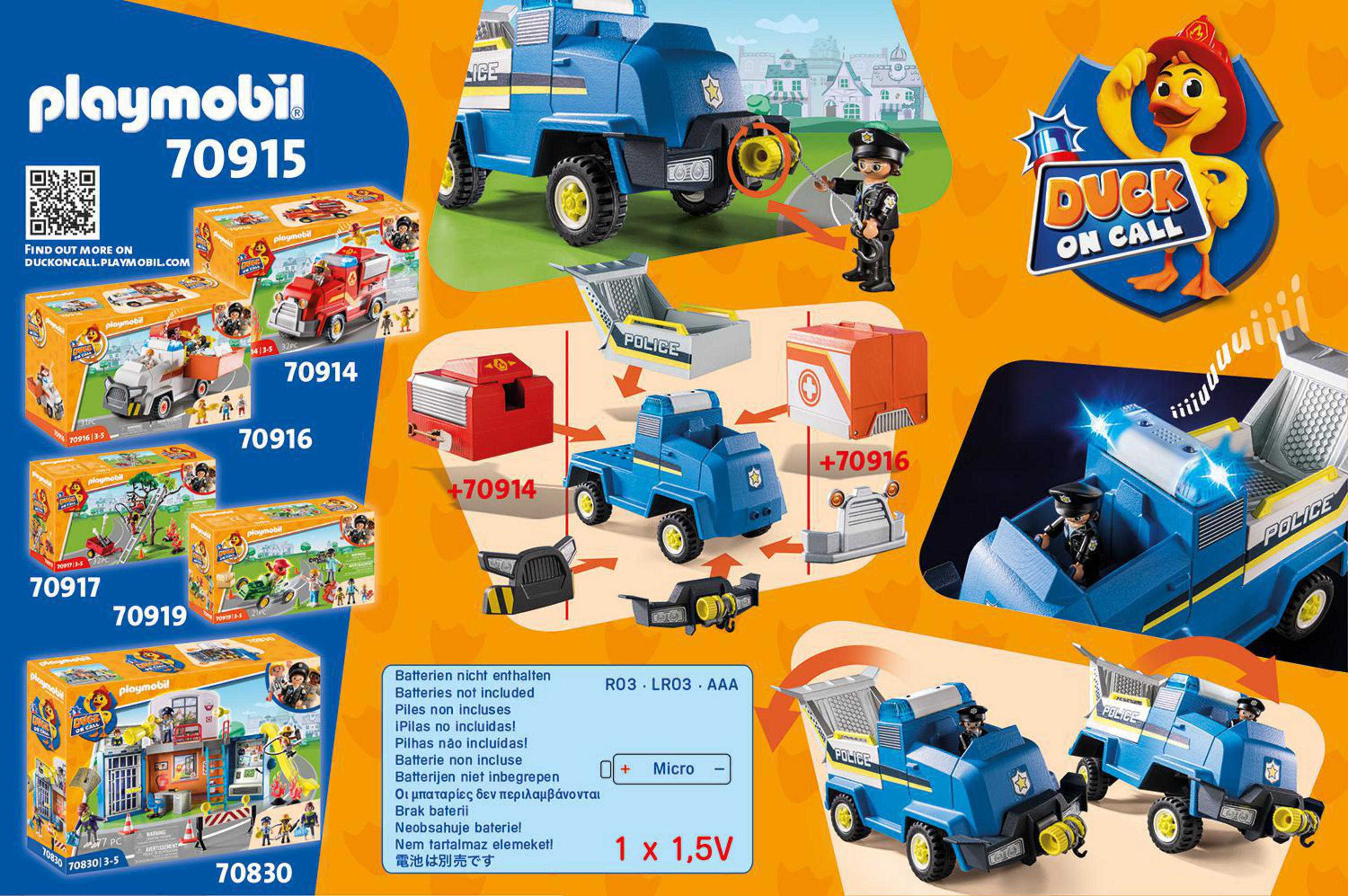 Set Playmobil, vehículos y figuras de policía, escena colorida.