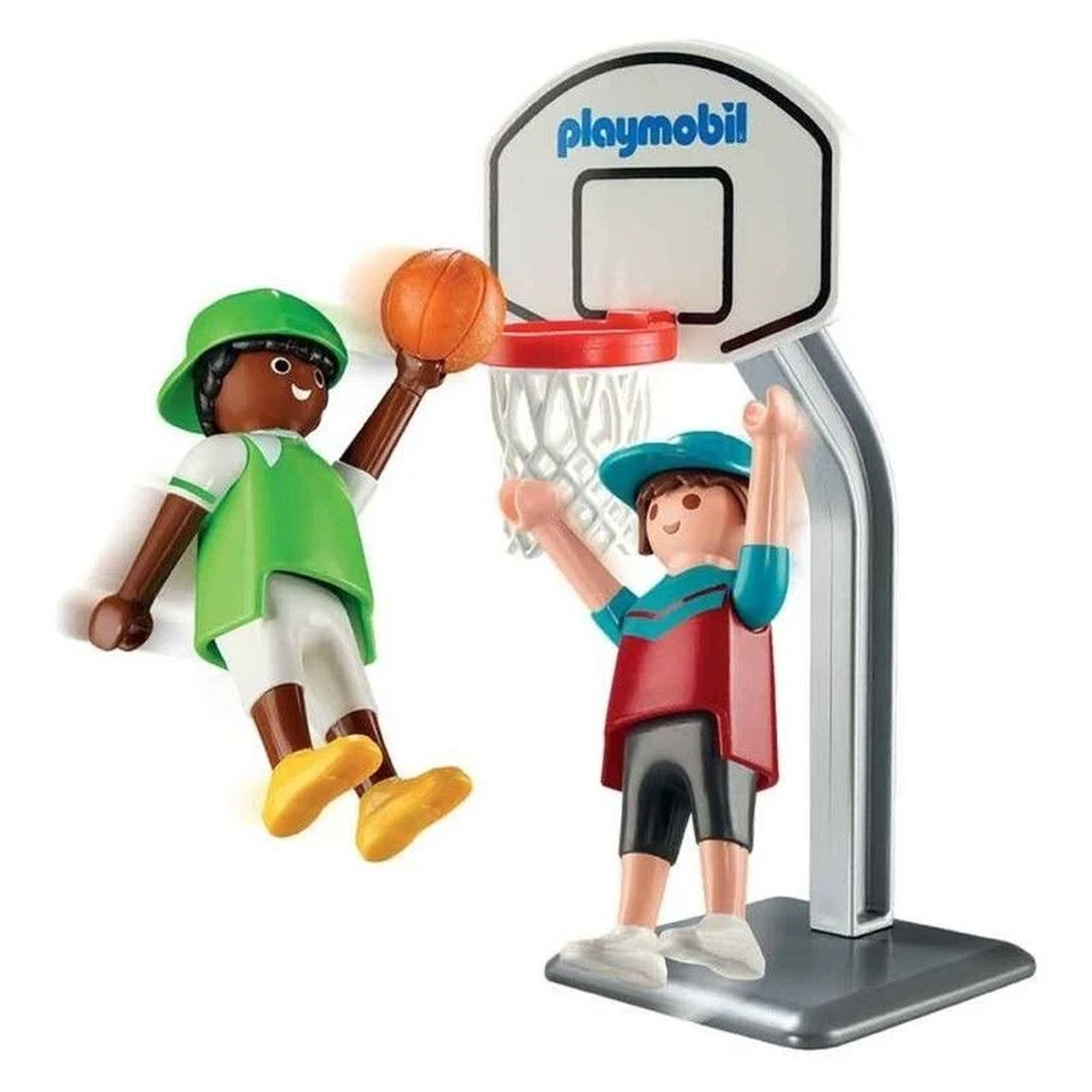Set di basket Playmobil con due figure, una che tira una palla.