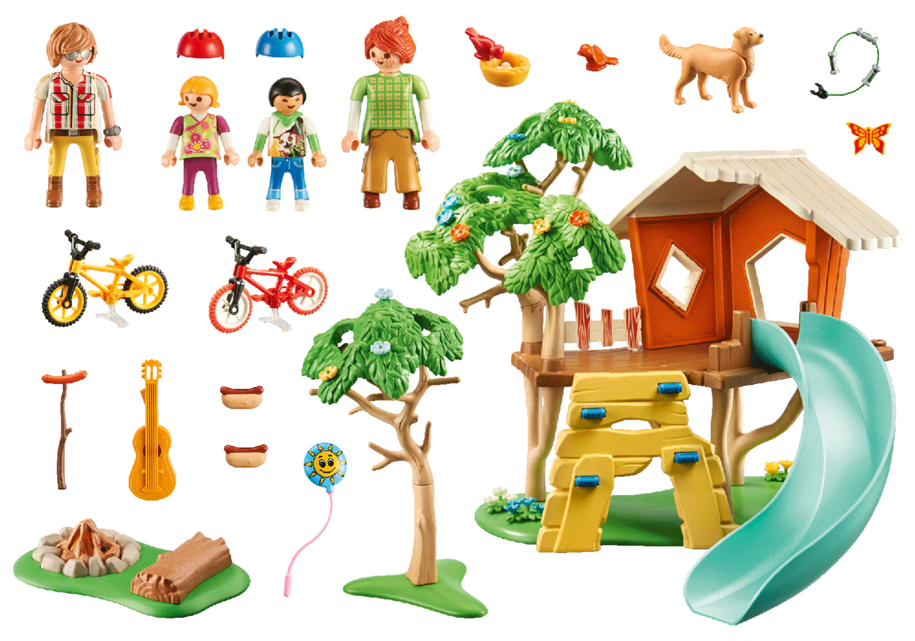 Playmobil Camping-Set mit Figuren, Hund, Baumhaus, Rutsche, Fahrrädern, Lagerfeuer und Zubehör.