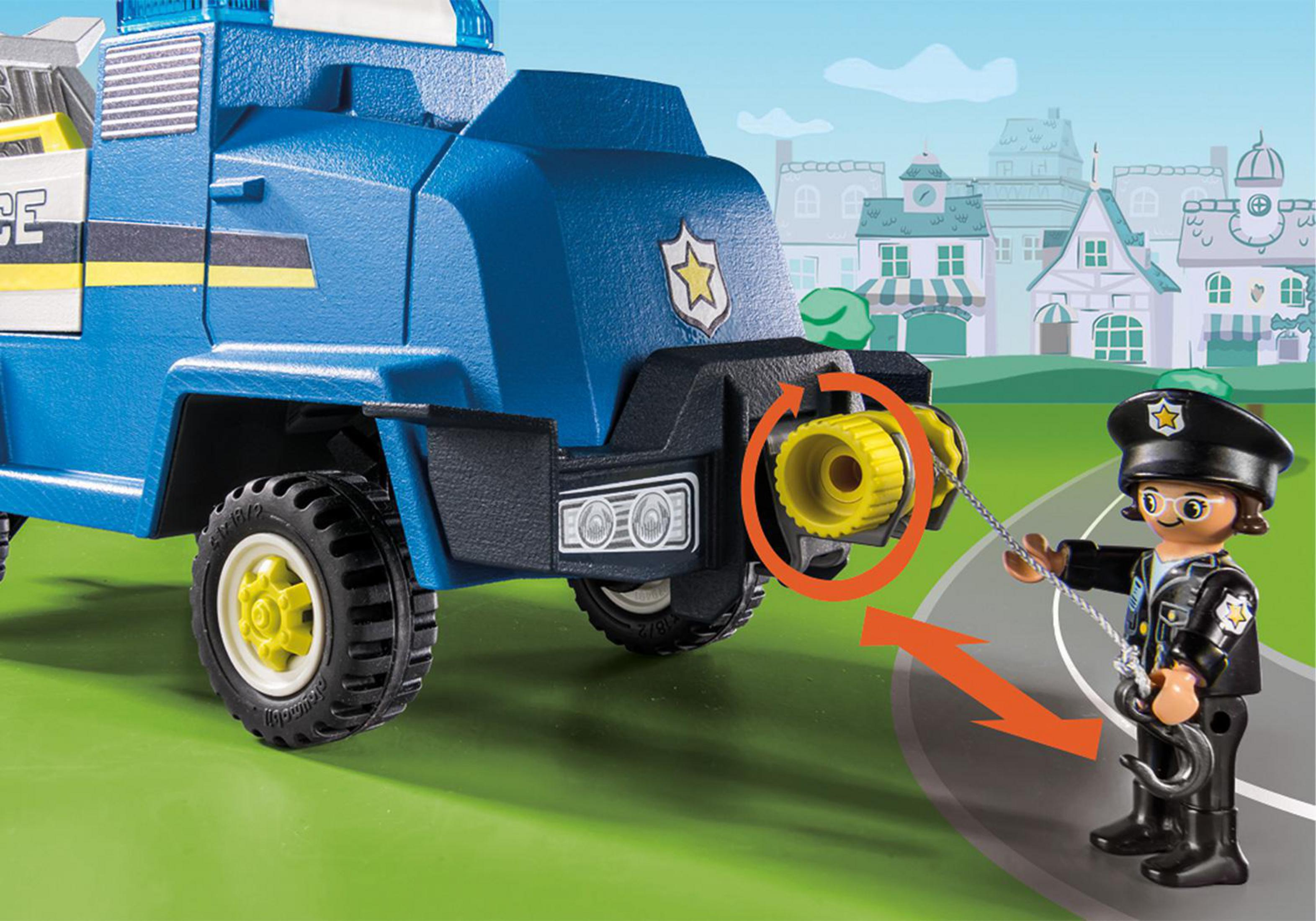 Camión de juguete azul y blanco con una figura de oficial de policía.