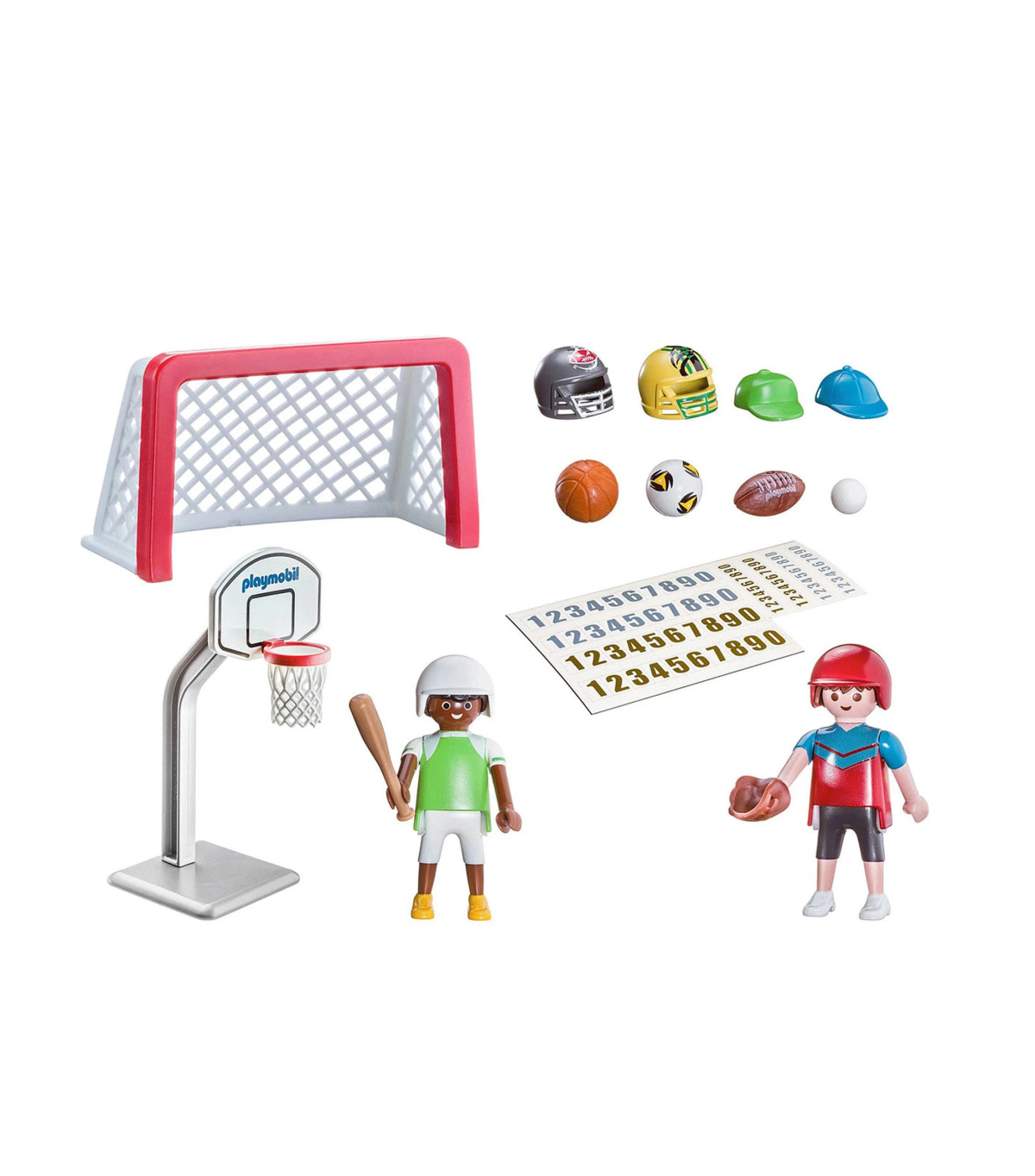 Set sportivo Playmobil: porta, canestro da basket, figure con mazza, palla, casco e numeri. Sfondo bianco.