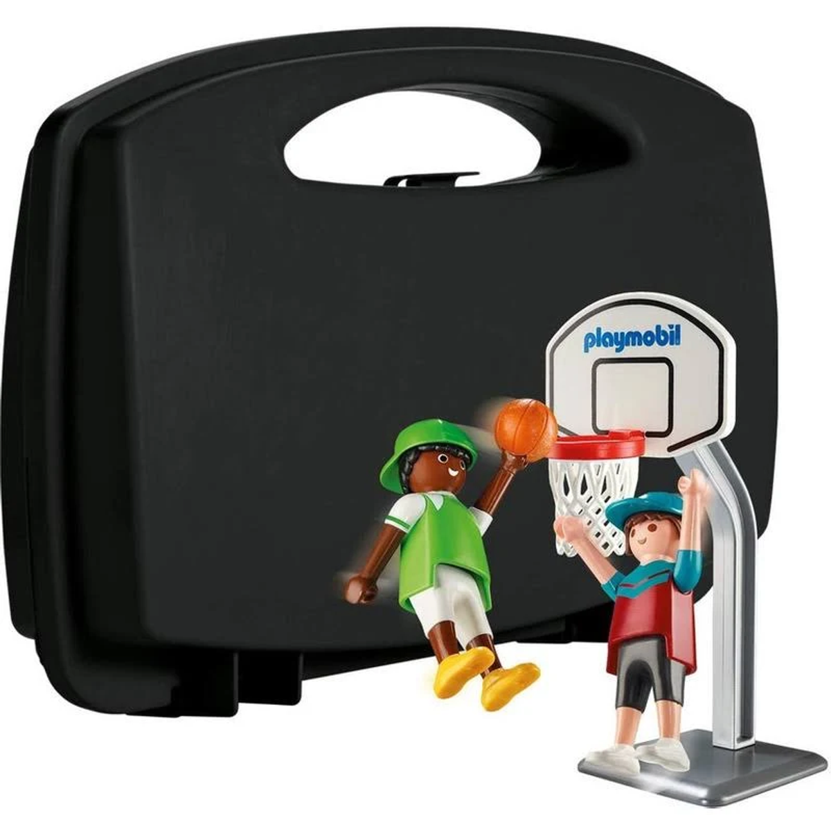 Set da basket Playmobil. Due figure che giocano a basket con una valigia nera.