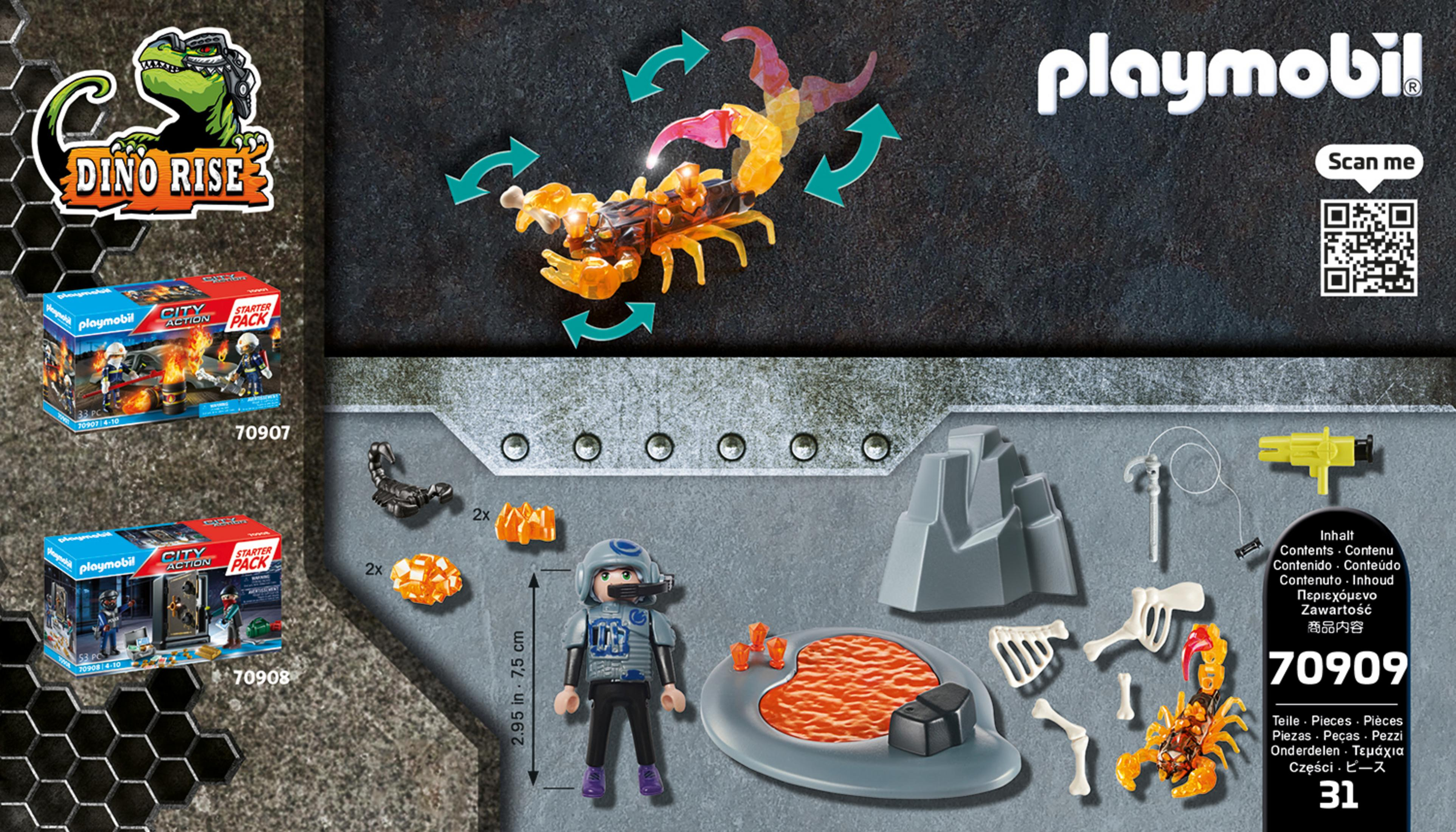 Zestaw Playmobil Dino Rise z figurkami, lawą, skorpionem i instrukcjami.