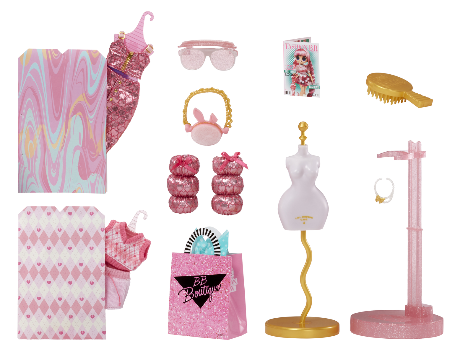Akcesoria dla lalek modowych, w tym sukienka, okulary przeciwsłoneczne i manekin.