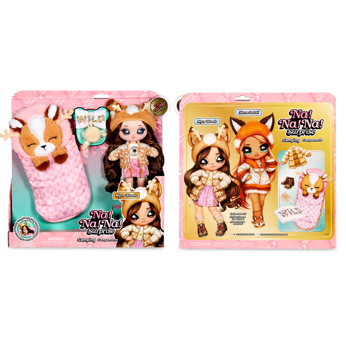 Dwa pudełka z lalkami. Jedno z lalką w śpiworze i drugie z ubraniami.