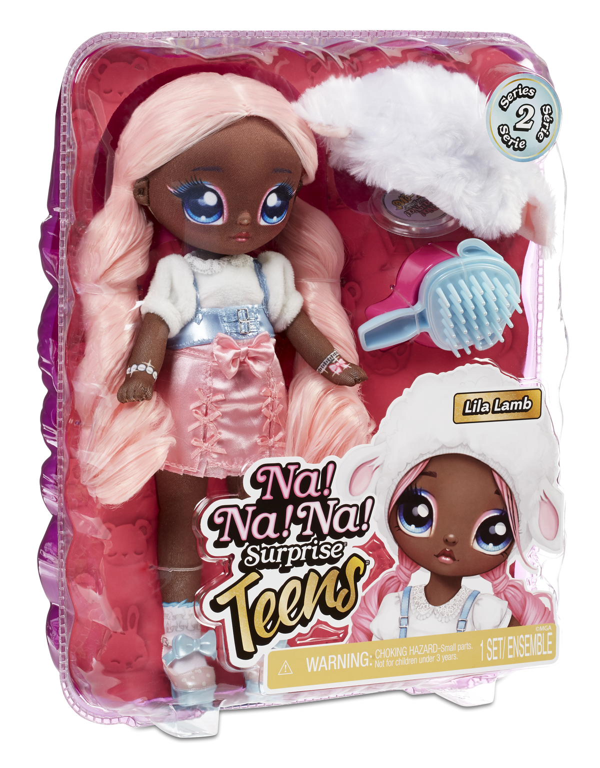 Lalka Na! Na! Na! Surprise Teens w opakowaniu. Zawiera lalkę z różowymi włosami i akcesoriami.