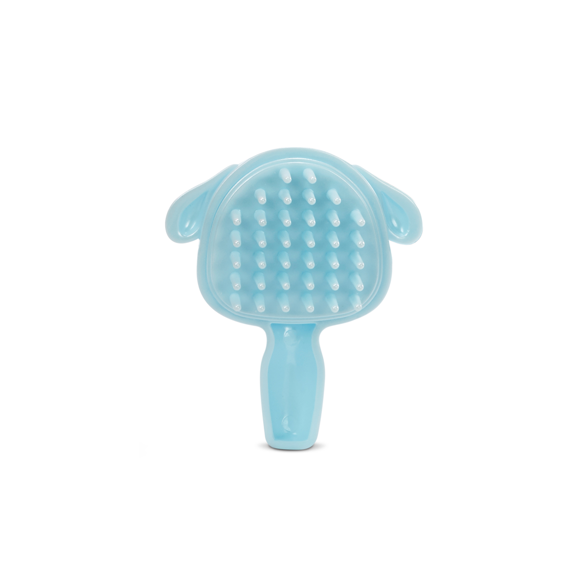 Jasnoniebieska szczotka dla zwierząt w kształcie psa z uchwytem, na białym tle.