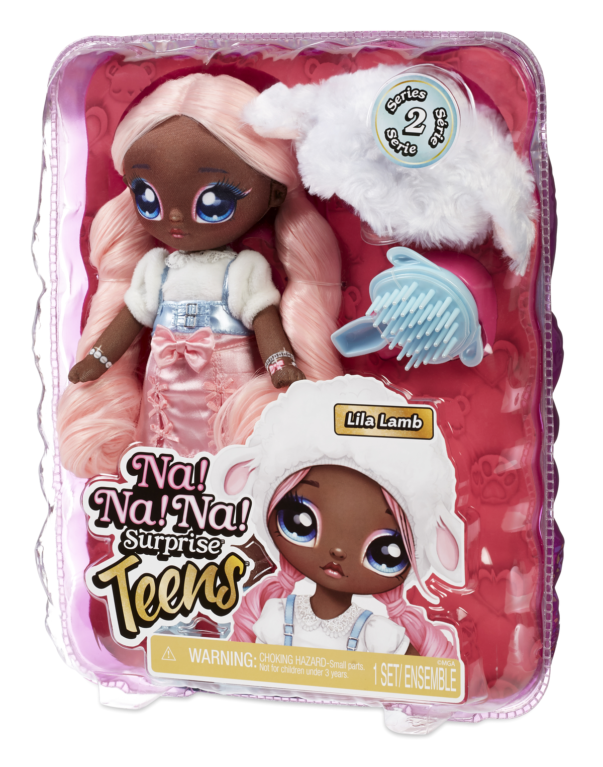 Lalka Na! Na! Na! Surprise Teens w opakowaniu. Lalka ma różowe włosy i nosi różowy strój.
